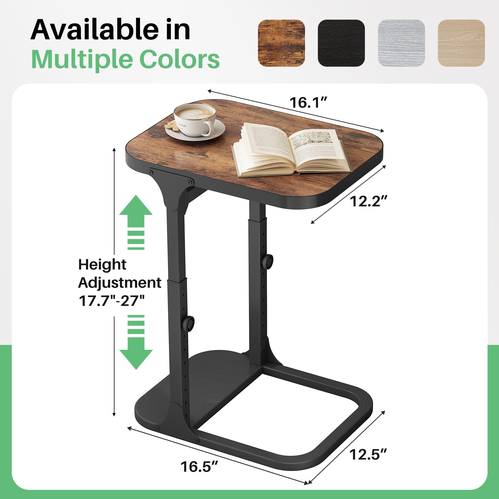 Kitstorack Ultra Stable & Durable End Table, Ajustable Height C Shaped Side Table for Couch, Sofa Side Table with Thickened Metal Frame for Living Room, Bedroom, Rustic