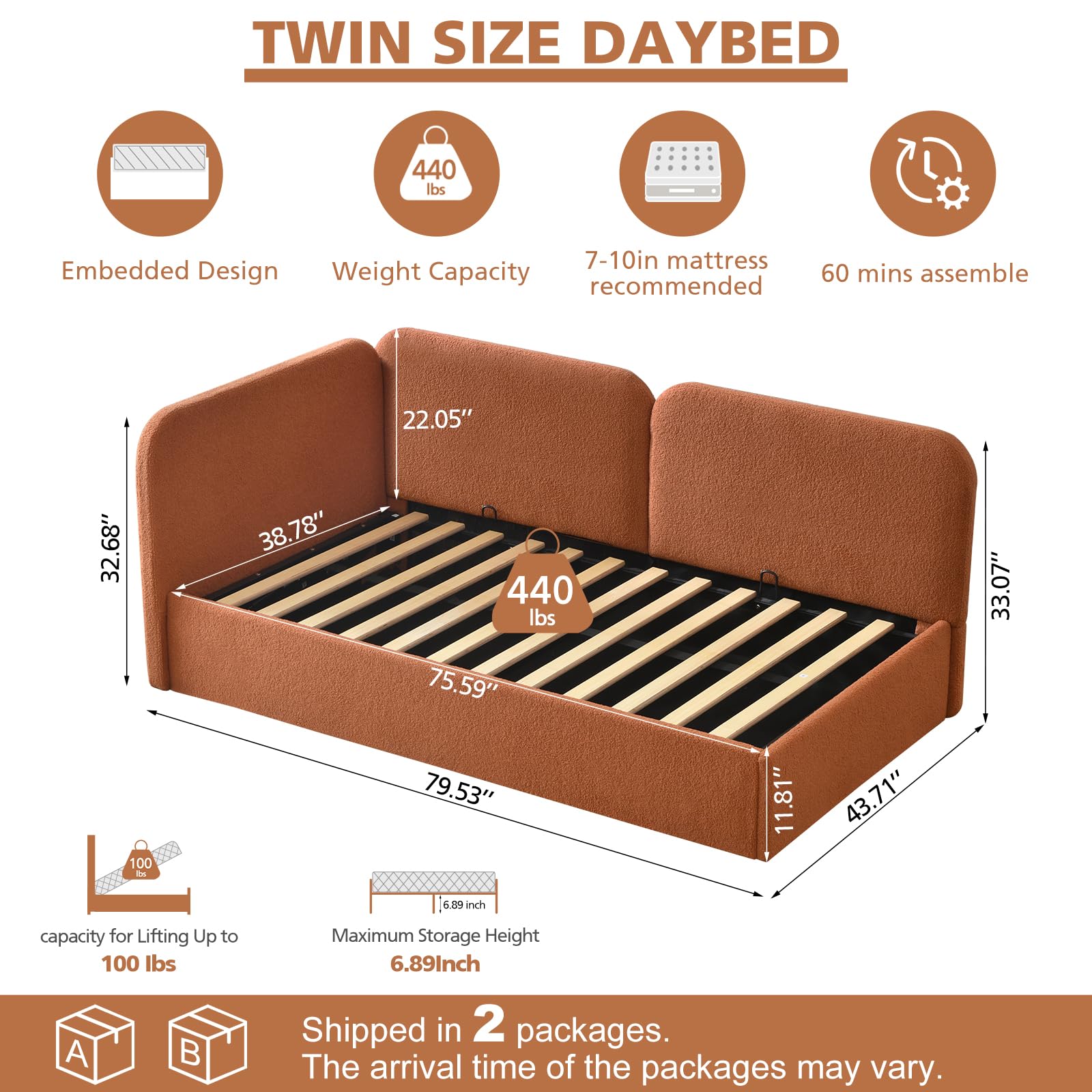 L-Shaped Upholstered Daybed with Lift-Up Storage