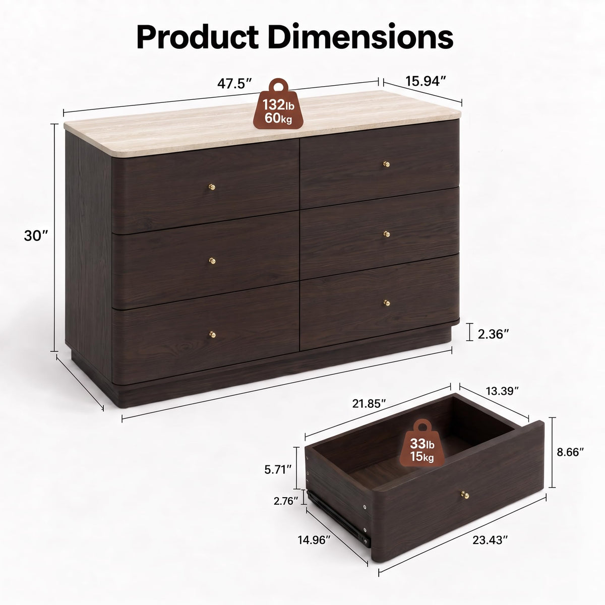 Brafab 47.5" Curved Chest of Drawers, 6 Drawer Dresser Travertine-Inspired