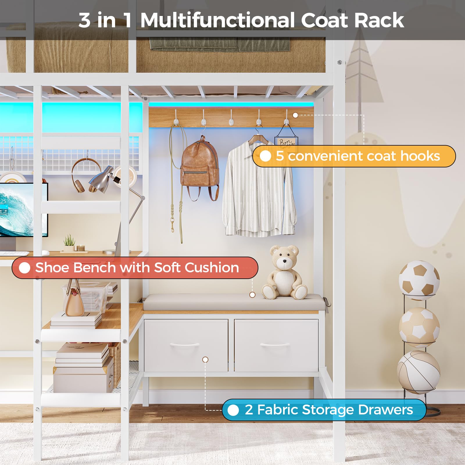 Twin Loft Bed with L-Shaped Desk & LED Lights