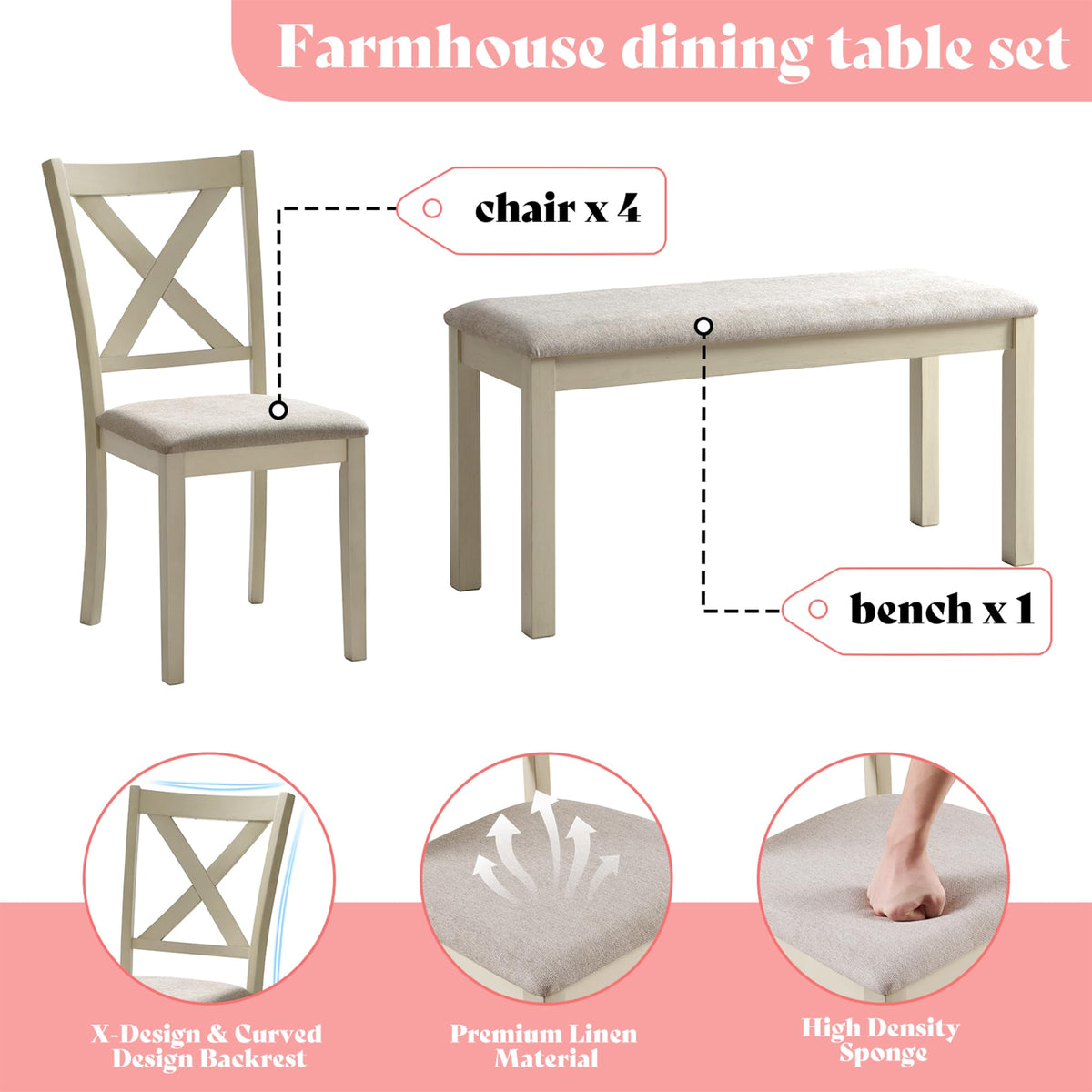 AMERLIFE 6 Piece Farmhouse Dining Table Set with 60" Solid Wood Table