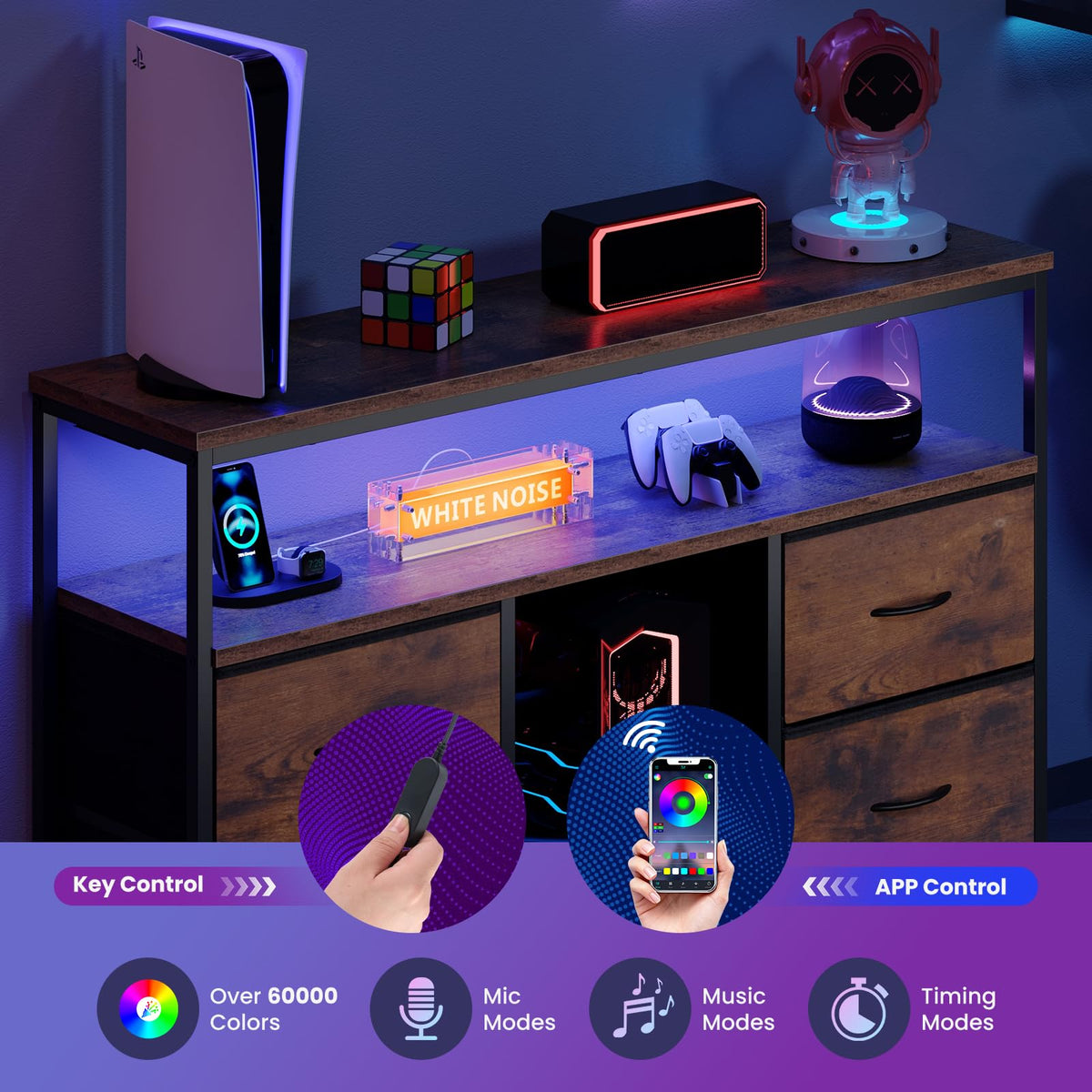 Sweetcrispy TV Stand with LED Lights and Power Outlets for Bedroom