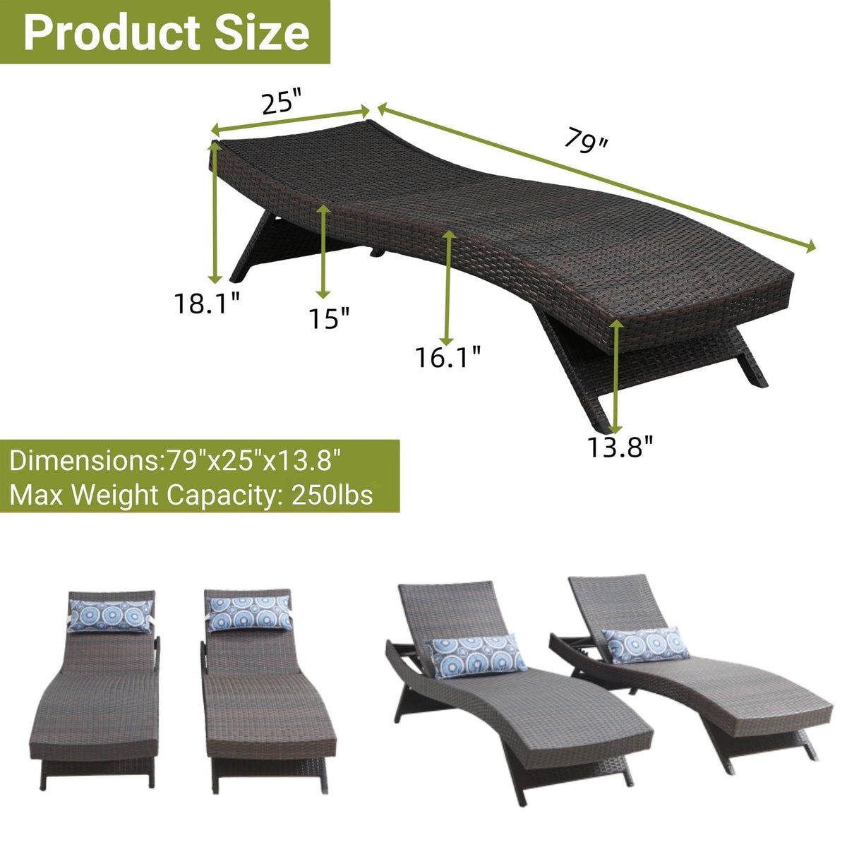 Summax 79'' Long Reclining Chair Set of 4 with Cushions, Outdoor Chaise Lounge Set, Rattan Chaise Lawn Sunbathing Chairs, PE Wicker Reclining Lounge Chair for Backyard Poolside Beach, Dark Brown