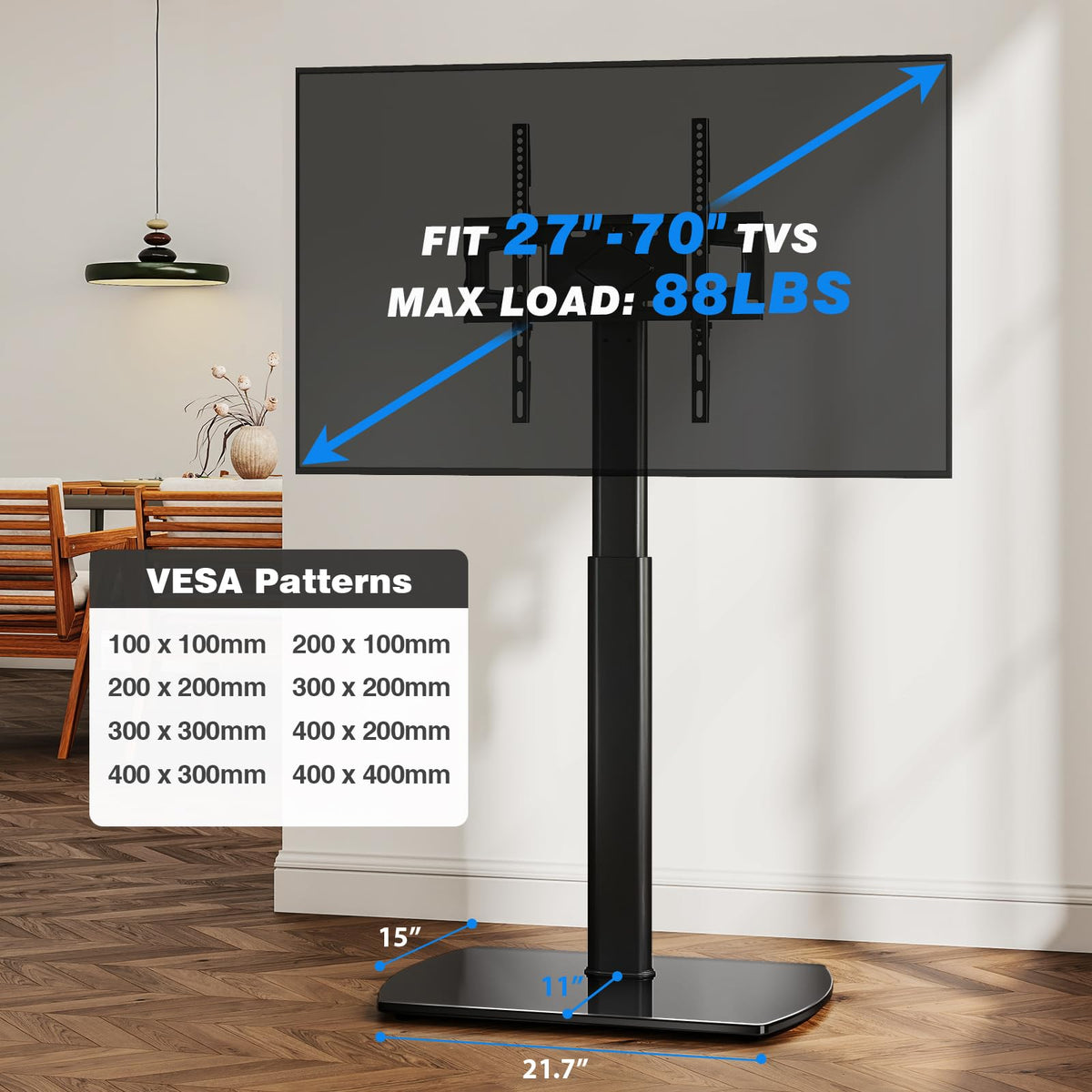 YOMT Universal TV Floor Stand with Mount for 27-70 Inch LCD LED OLED TVs, Swivel Height Adjustable Tall TV Stand, Space Saving Design for Corner Bedroom Living Room, Black