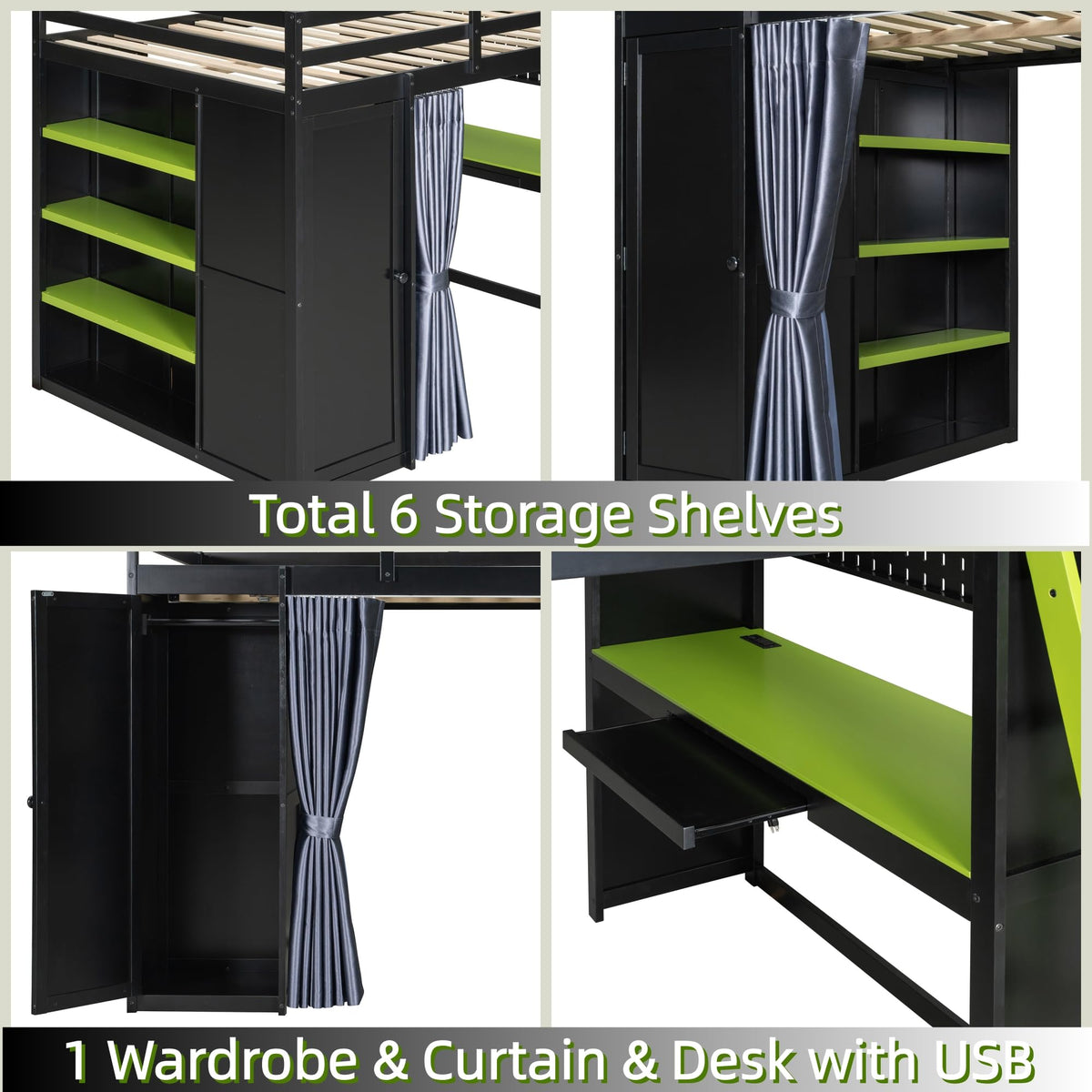 Merax Full Size Loft Bed with Desk and 6 Storage Shelves, Wardrobe, Blackout Curtain, Sturdy Wood Gaming Loft Bunk Bed Frame with USB Port & RGB Lights, No Box Spring Need, Space-Saving, Black+Green