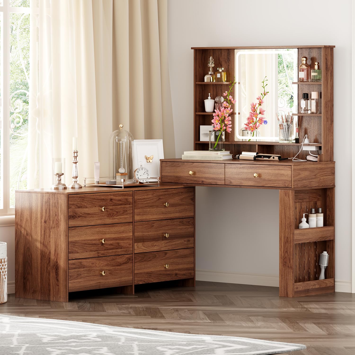 Ieejdn Makeup Vanity Desk with Mirror and Lights, Vanity Desk with 8 Drawers & Storage Shelves, Vanity Table with Power Outlet, 3 Color Modes & Adjustable Brightness Dressing Table, Bedroom,Brown