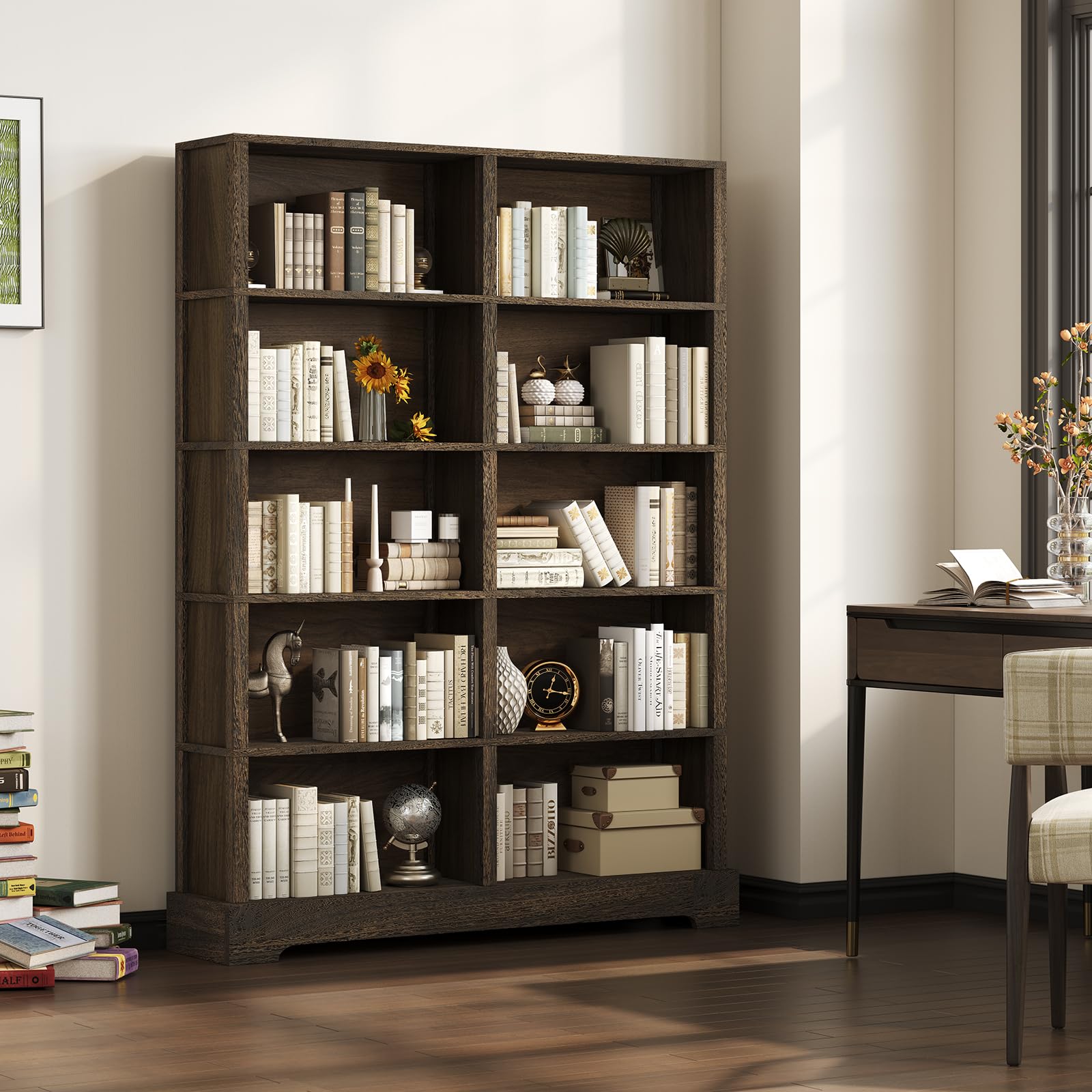 TVU 5-Tier Wood Book Shelf, 47" Wide Large Bookcase and Bookshelf, 64" Tall Bookcase with Storage, Freestanding Wood Display Book Shelves for Living Room, Home Office, Walnut