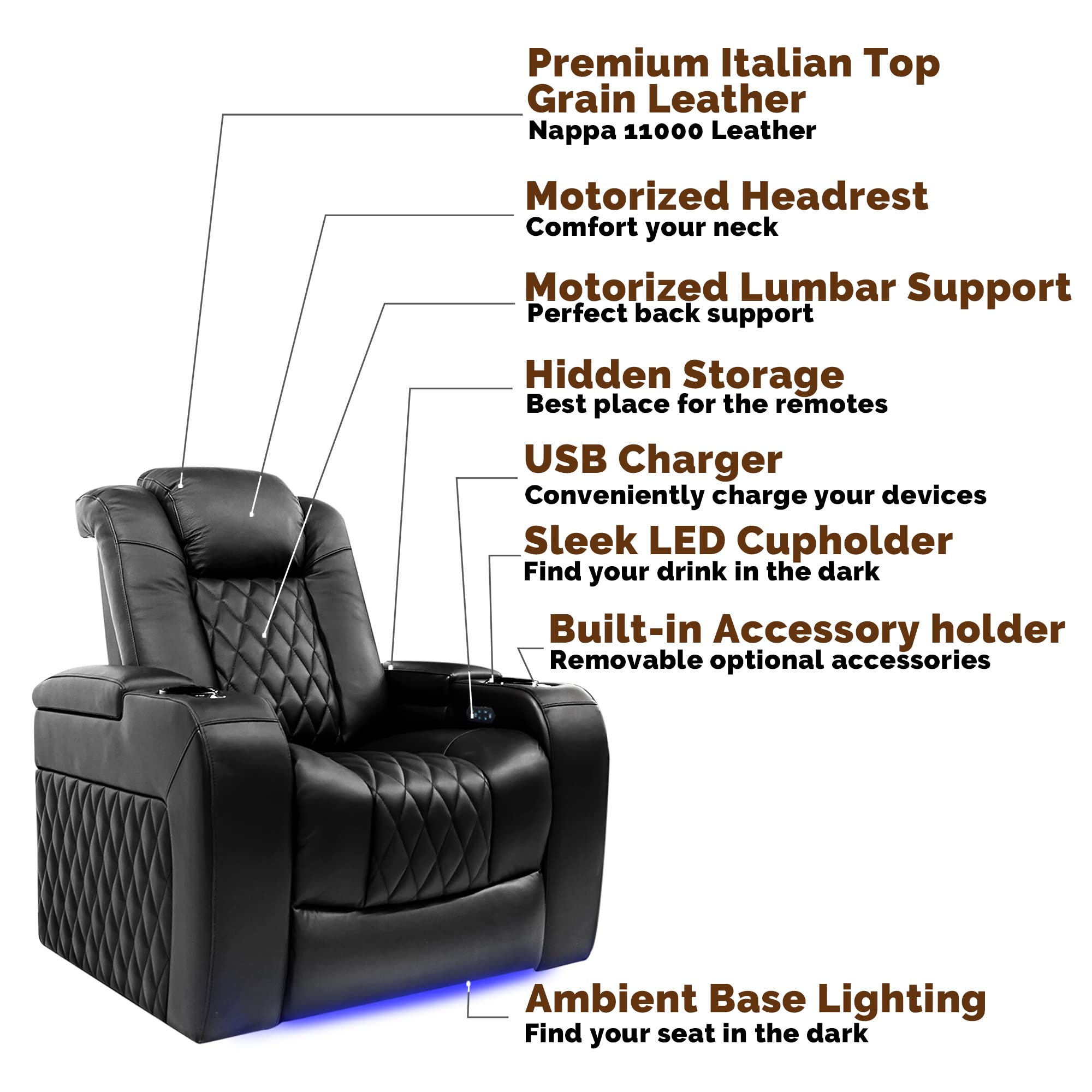 Valencia Tuscany XL Big & Tall Theater Seating – 400lb Capacity, Extra 26" Wide Power Recliner with Italian Leather, Power Headrest & Lumbar Support (Row of 3, Midnight Black)