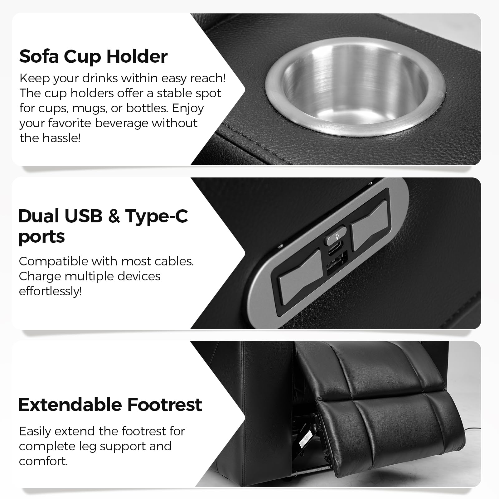 CANMOV Power Home Theater Seating, Set of 2 PU Leather Electric Recliner Chair with USB Tape-C Ports, LED Light, Cup Holders, Hidden Arm Storage(Black)