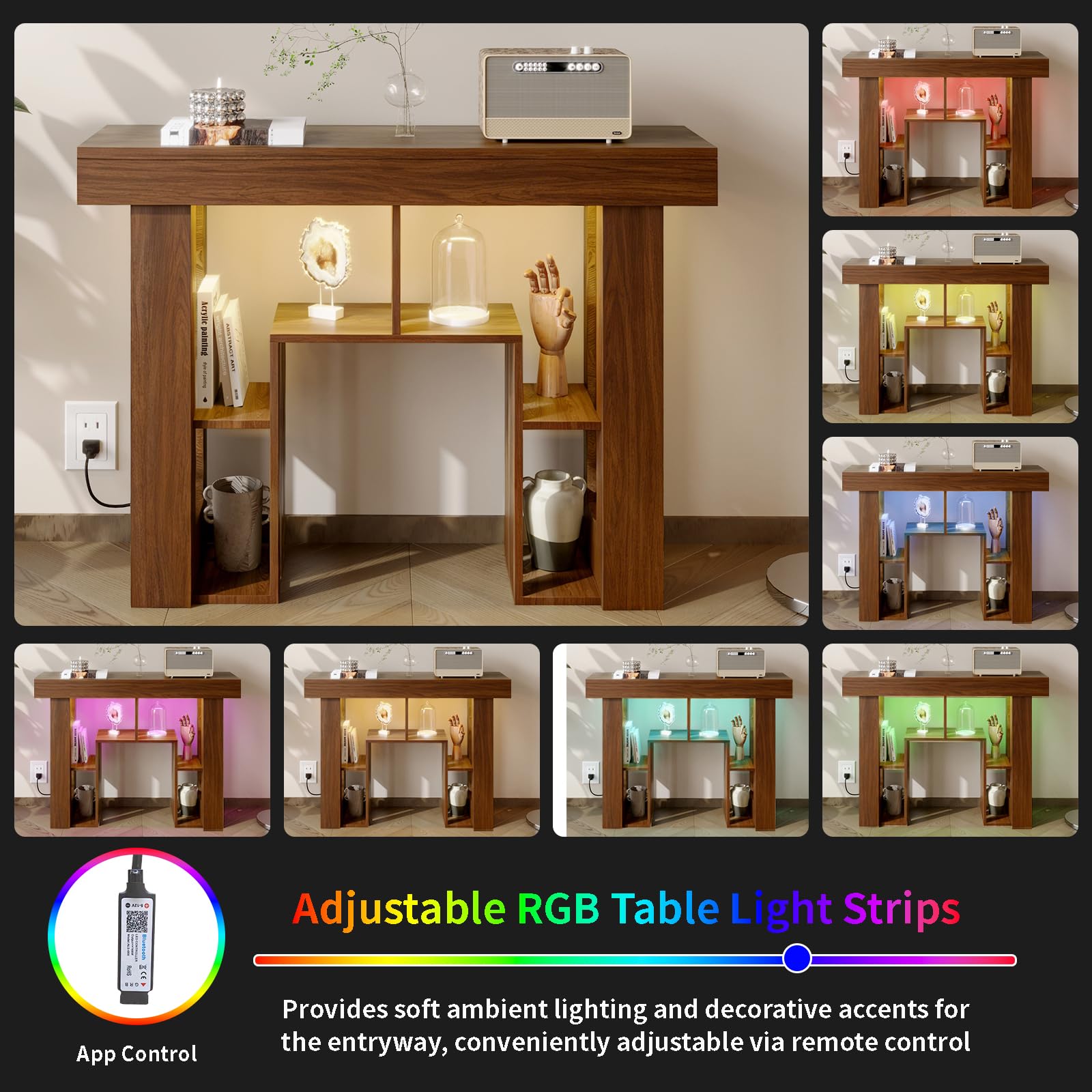 Console Table for Entryway,Narrow Console Table with Storage,Open Shelving,Sofa Table Behind Couch,Power Outlets and USB Ports,Suitable for Living Rooms,Hallways,and Entryways(Console Table-Walnut)