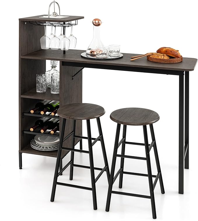 3-Piece Bar Table & Stool Set with Wine Rack