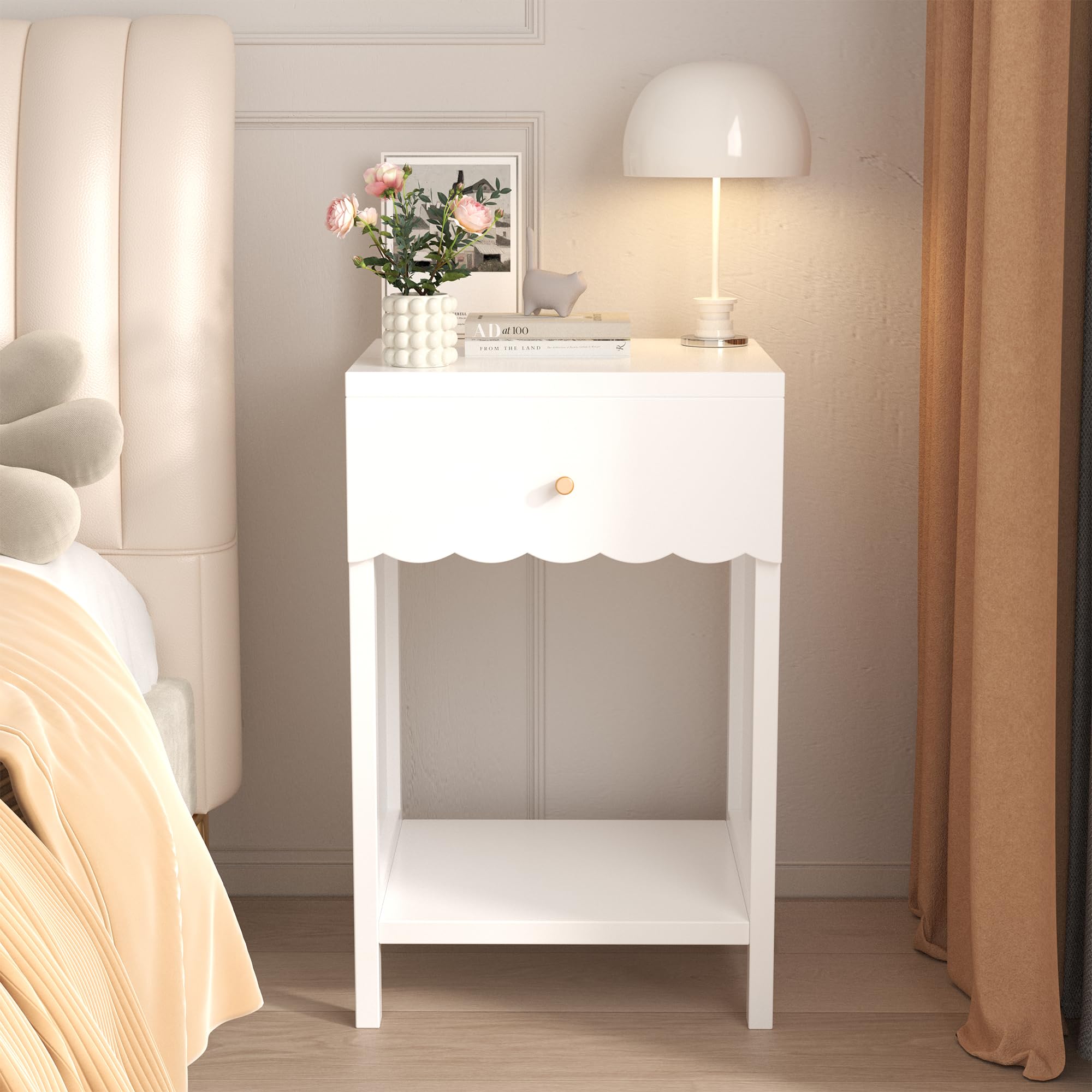 Xylavate Cute White Nightstand with Drawer and Open Shelf, Scalloped Edge Design Bedroom Bedside Table, Wood End Table for Kids Girls Bedroom, White