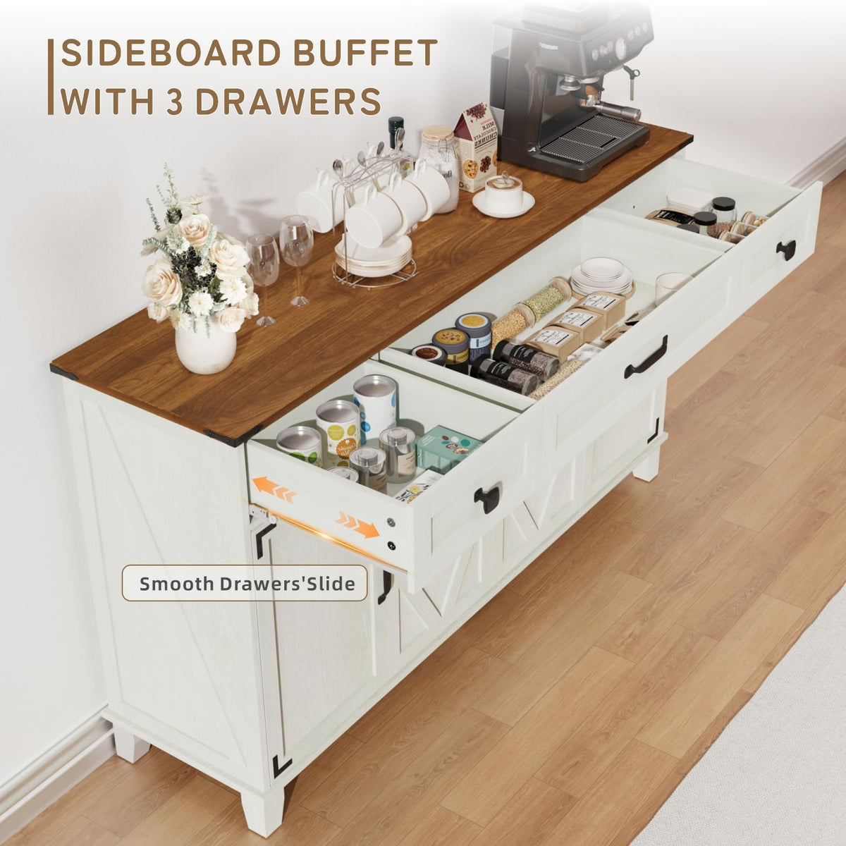 DSNAPE 55" Farmhouse Buffet Cabinet, Coffee Bar Cabinet with Drawers, White