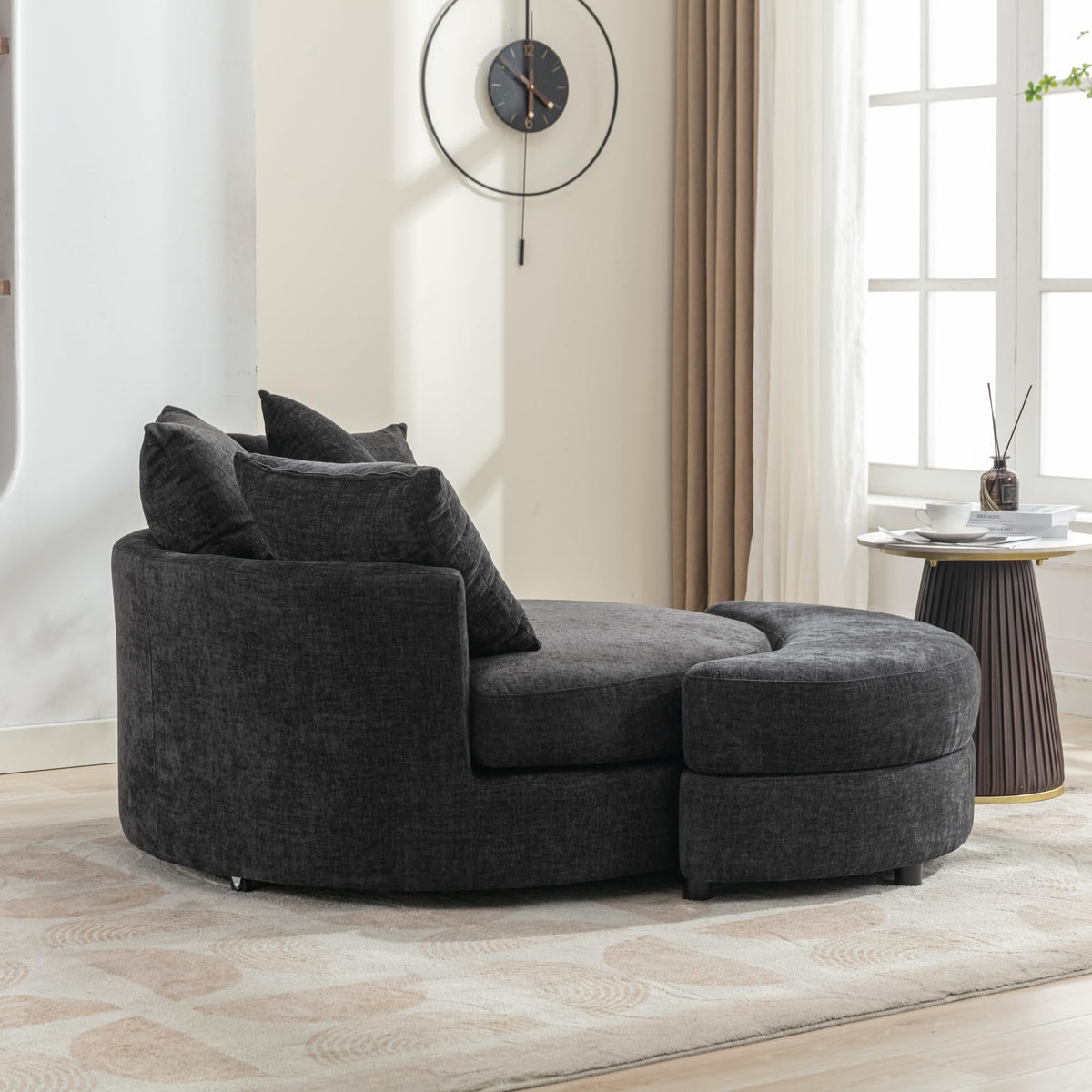 Chenille Swivel Chair with Storage Ottoman