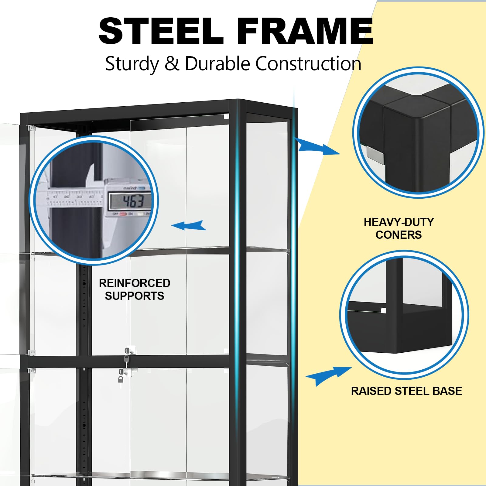 4-Tier Glass Display Cabinet with LED Lighting & Lock