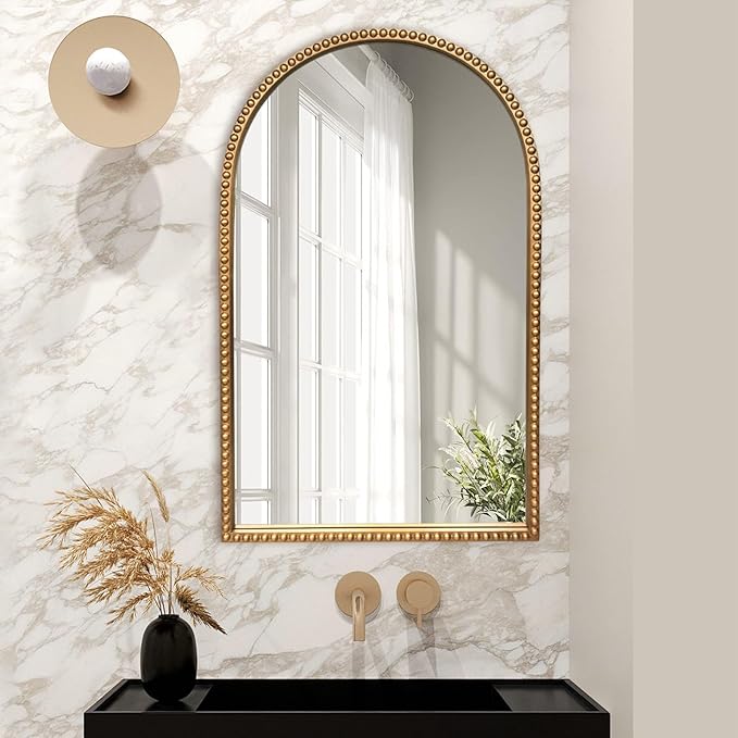 Gold Arch Full Length Wall Mirror with Antique Beaded Frame
