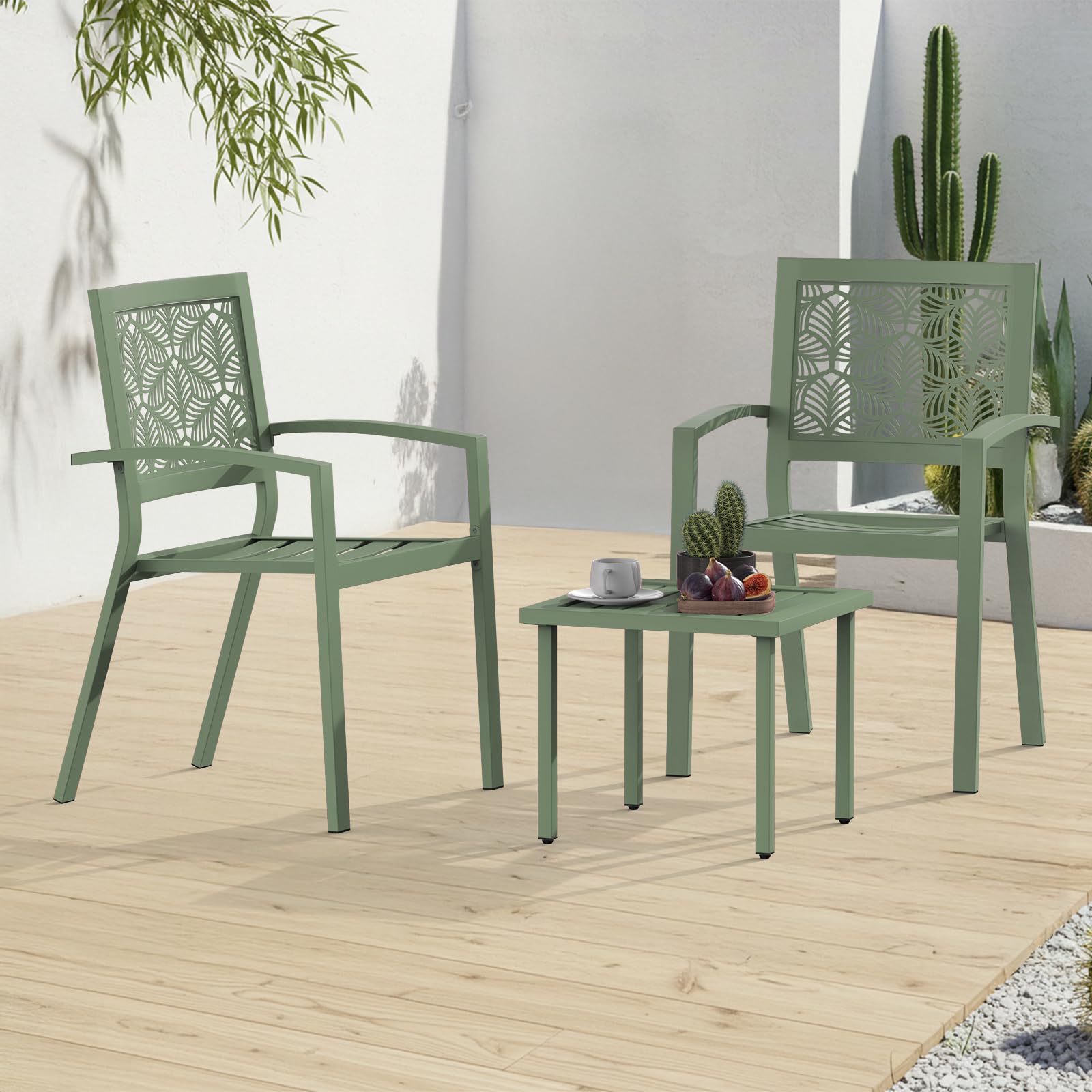 BUPPLEE 3 Piece Patio Bistro Set, Outdoor Steel Furniture Set, Stackable Modern Conversation Sets for Balcony Garden Deck Patio w/2 Chairs 1 Table, Sauge Green