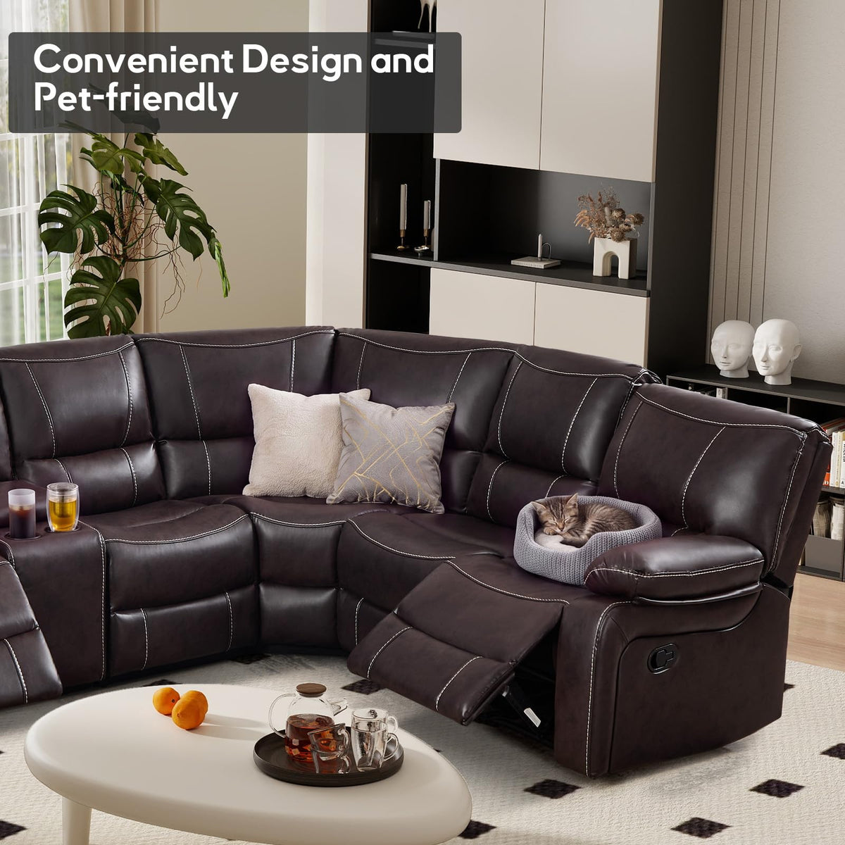 Bonzy Home Manual Recliner Sectional Sofa with Storage Console, Brown