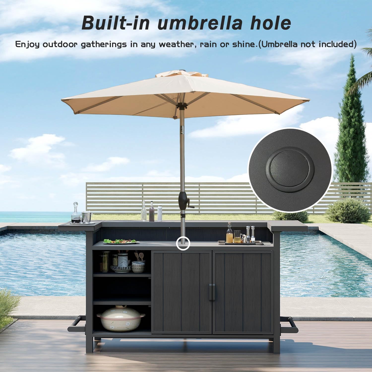 Domi Outdoor Bar, Aluminum Outdoor Bar Table with Storage & Umbrella Hole, Patio Bar with Propane Tank Holder & Footrest, Home Bar for Backyard Poolside Deck Garden for 2-6 People