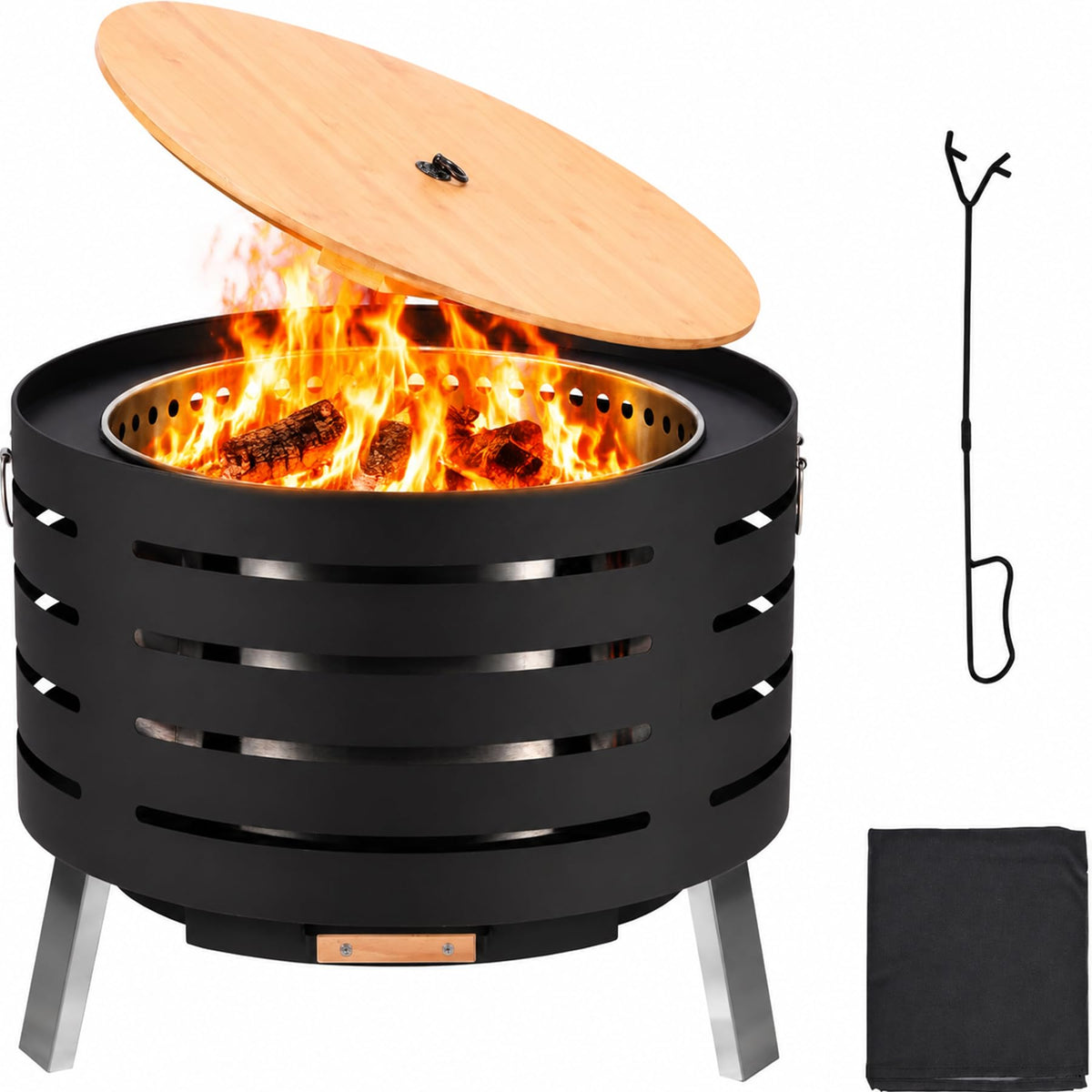 GarveeLife 26 in Smokeless Fire Pit with Removable Ash Pan, Wood Burning Firepit Table with Fire Poker,Smokeless Outdoor Fireplace with Carrying Bag, Outdoor Fire Pits for Bbq, Table, Bonfire, Camping