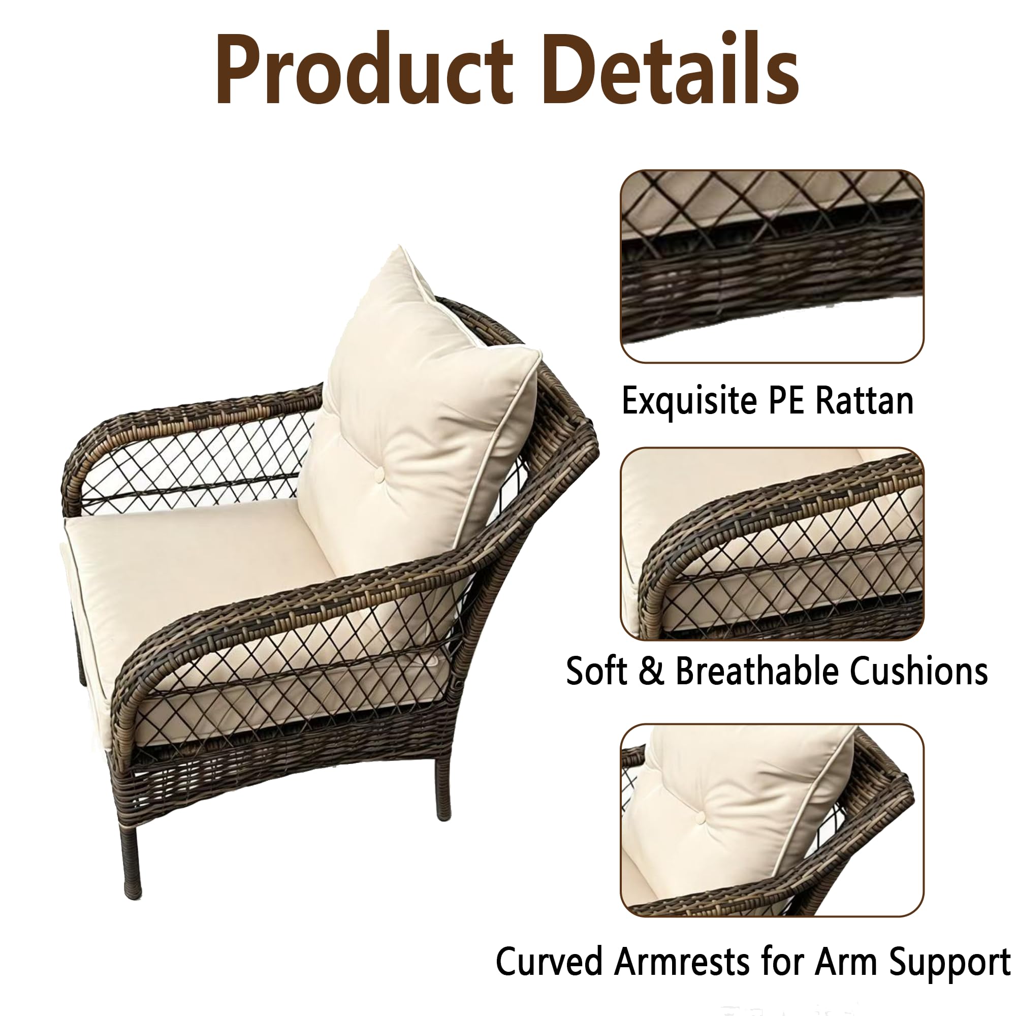 3 Piece Outdoor Wicker Patio Furniture Set, Rattan Conversation Bistro Set with 2 Arm Chairs & Tempered Side Table, All-Weather PE Rattan Chairs with Cushions for Backyard, Balcony, Garden, Beige