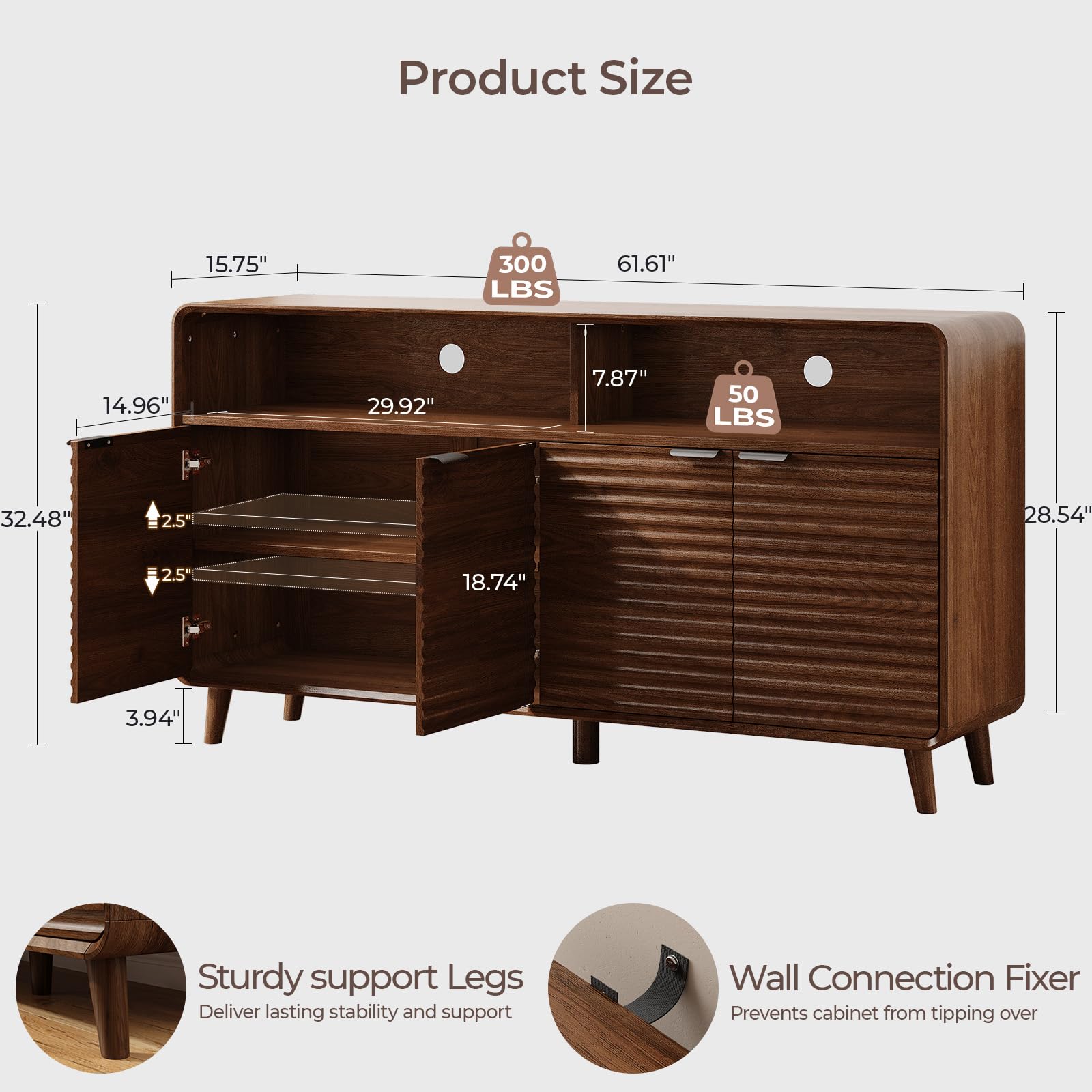 Lefurture 61" Sideboard Buffet Cabinet with Open Storage & 4 Doors, Large Coffee Bar Cabinet with Adjustable Shelves, Mid Century Modern Fluted Buffet Cabinet for Kitchen, Living Room, Walnut