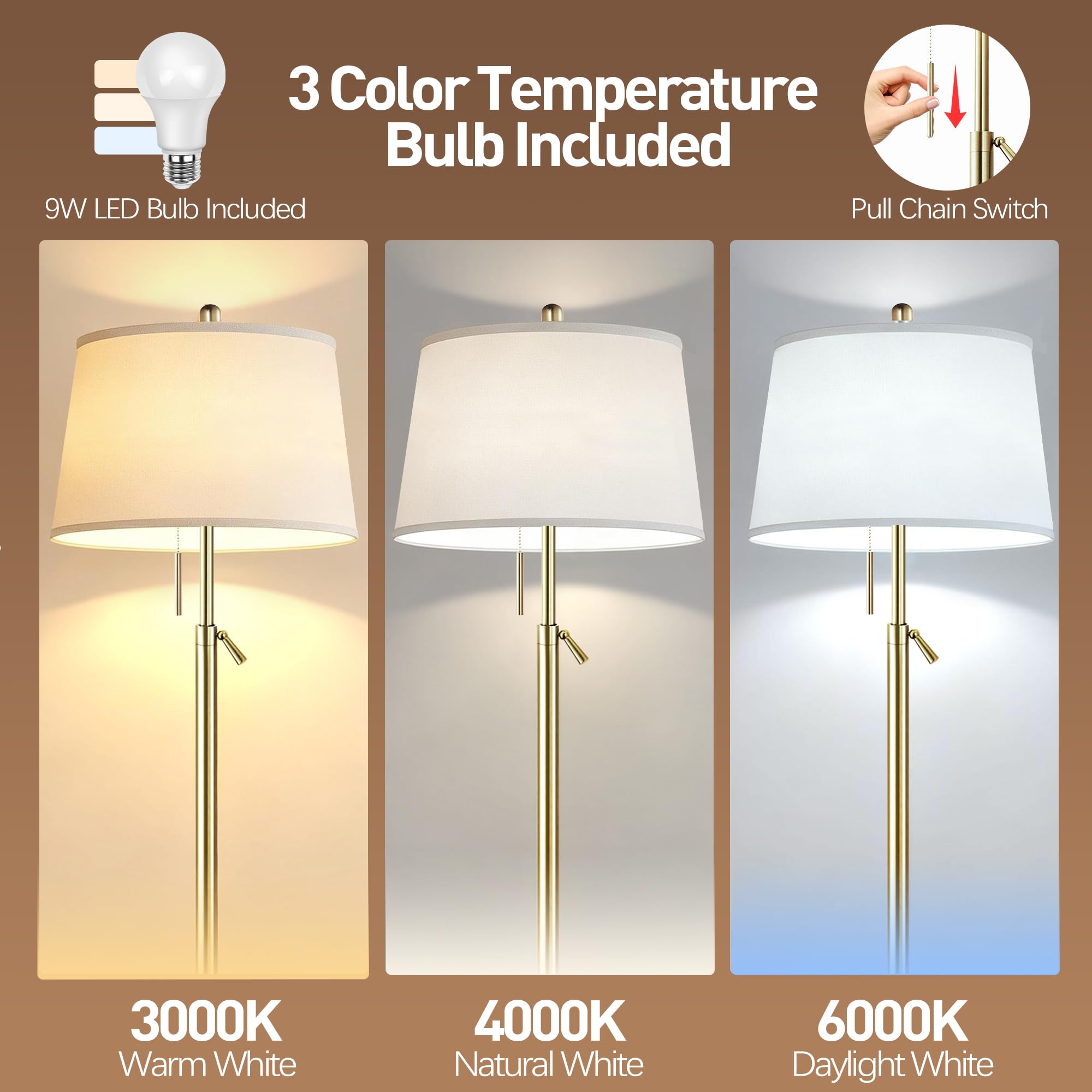 Gold Floor Lamp for Living Room, Modern Standing Lamp 55-67" Height Adjustable Brass Tall Floor Lamp with Pull Chain Switch and 3 CCT LED Blub for Living Room, Bedroom, Office & Corner Reading