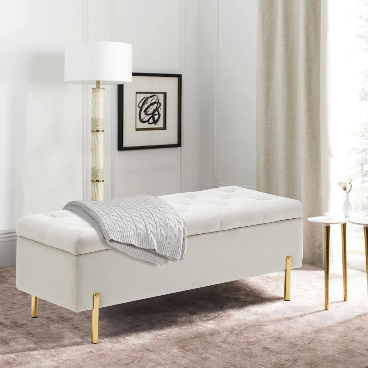 Ivory Velvet Storage Bench