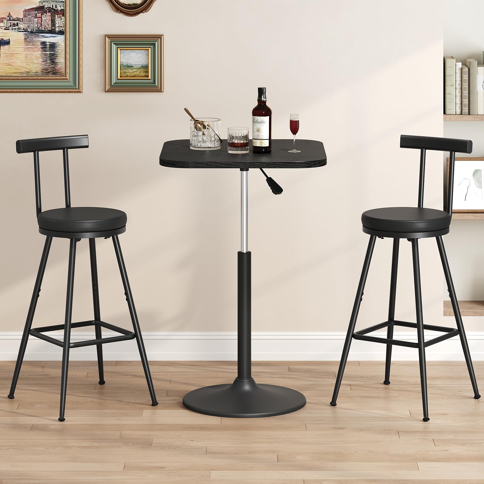 Black PU Bar Stools with Backrest & Footrest, Set of 2