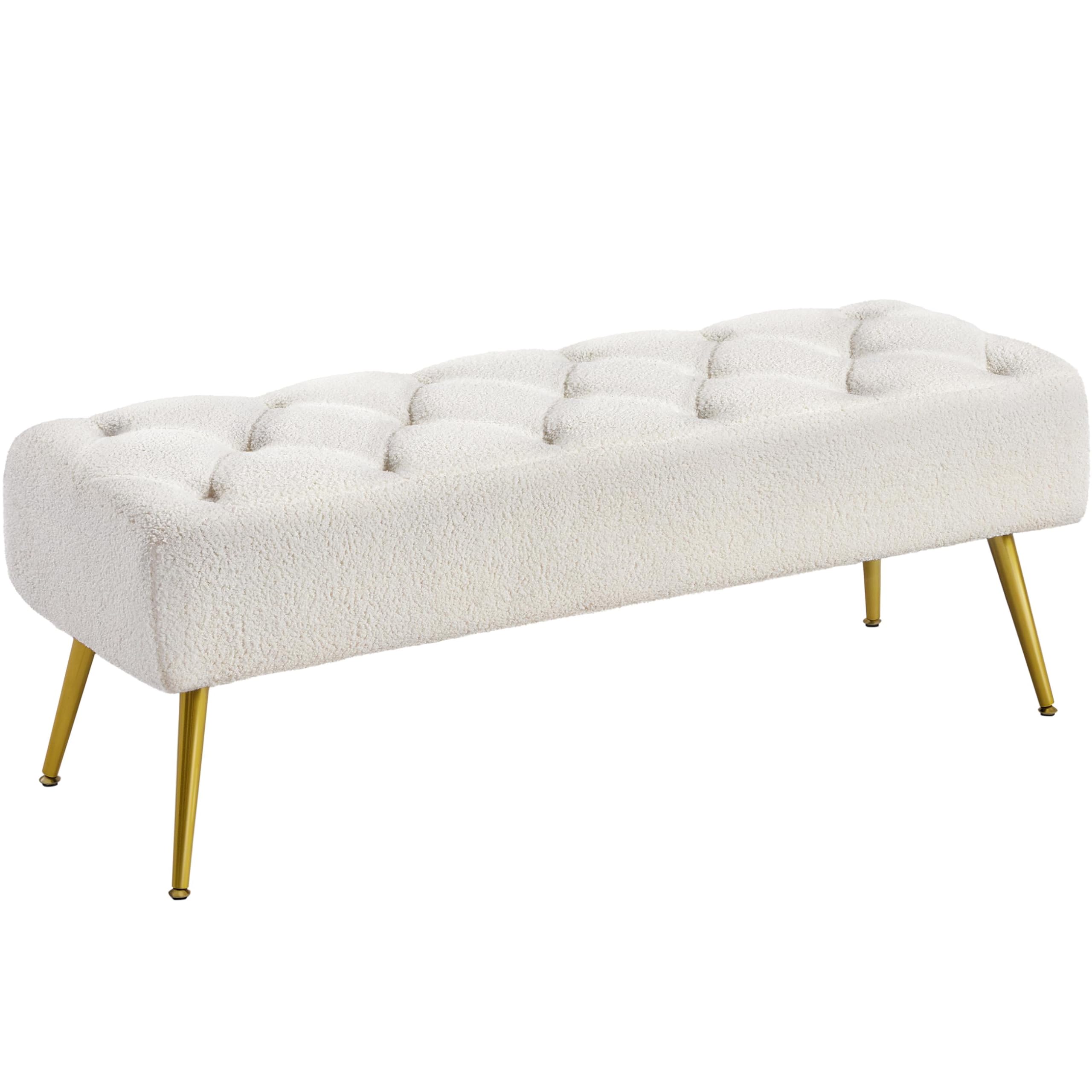 Yaheetech Modern Ottoman Bench Boucle Bench Upholstered Footrest for Living Room with Gold Metal Legs and Padded Seat Ivory
