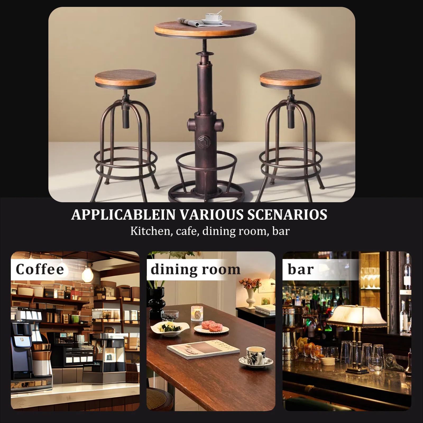 BOKKOLIK 3 Pieces Vintage Dining Table Set Industrial Pub Table and Chairs Rustic Bar Table with Stools Swivel High Top Table Height Adjustable