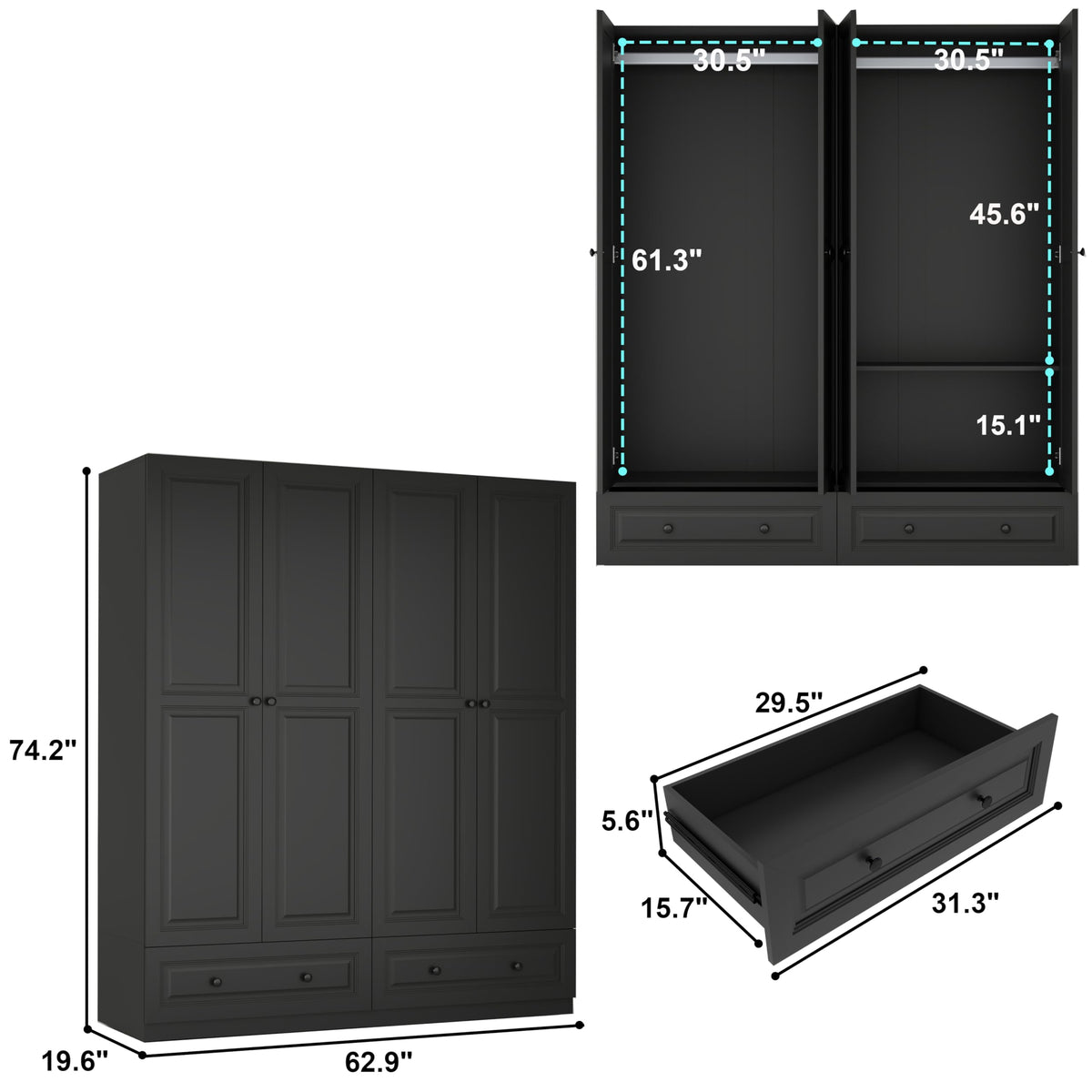 Mhsatyrs Black Armoire Wardrobe Closet with 2 Drawers, 74" Tall X 63" Wide