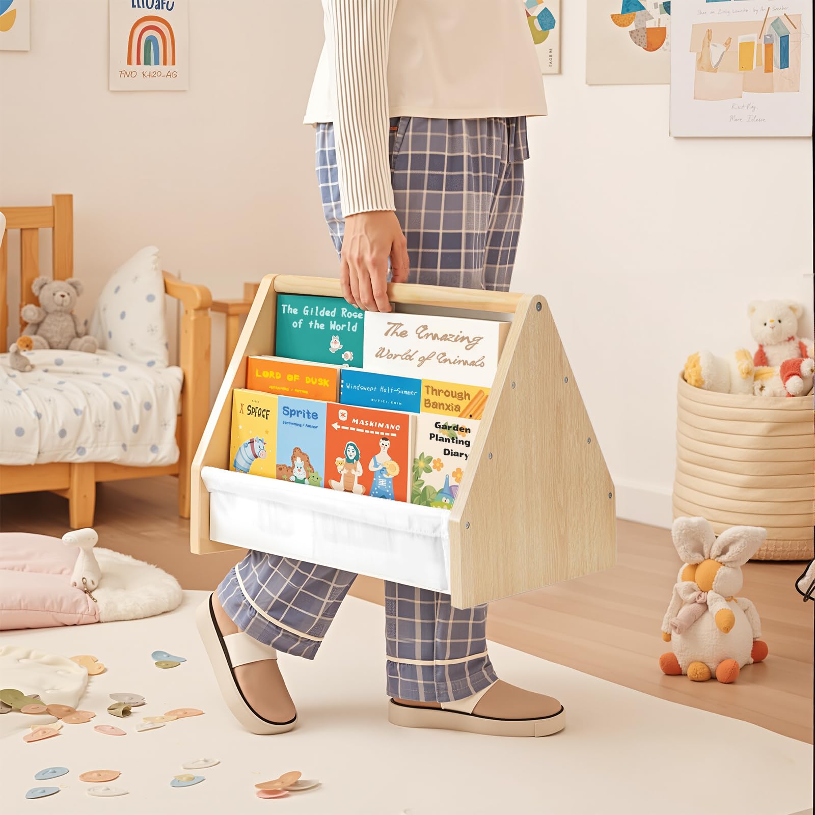 Epelay Kids Bookshelf, 19" Nursery Book Shelves for Toddler Rooms, with Deep Fabric Pockets, Montessori Book Shelf for Baby Room, Reading Corner or Playroom Decor