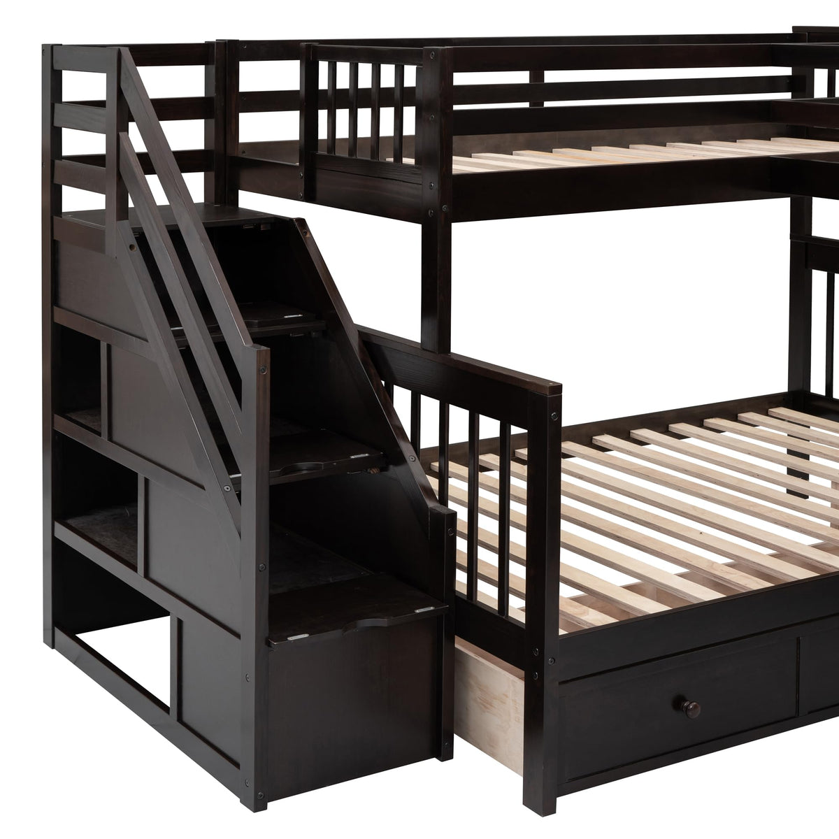 Bellemave L Shaped Triple Bunk Bed with Storage Staircase, Wardrobe, Desk & Drawers, Wooden Bunk Bed for 3 Kids, Twin Over Full Bunk Beds, L-Shaped Loft Bed for Kids, Teens, Adults (Espresso)