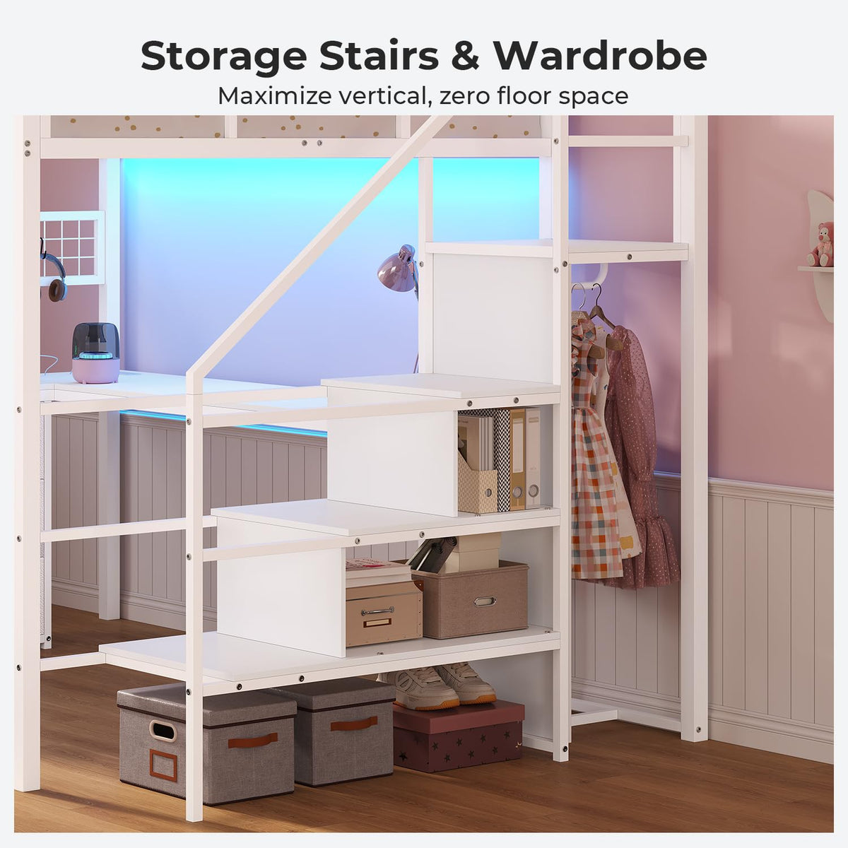 ADORNEVE Full Size Loft Bed with L Desk and Storage Stairs, White