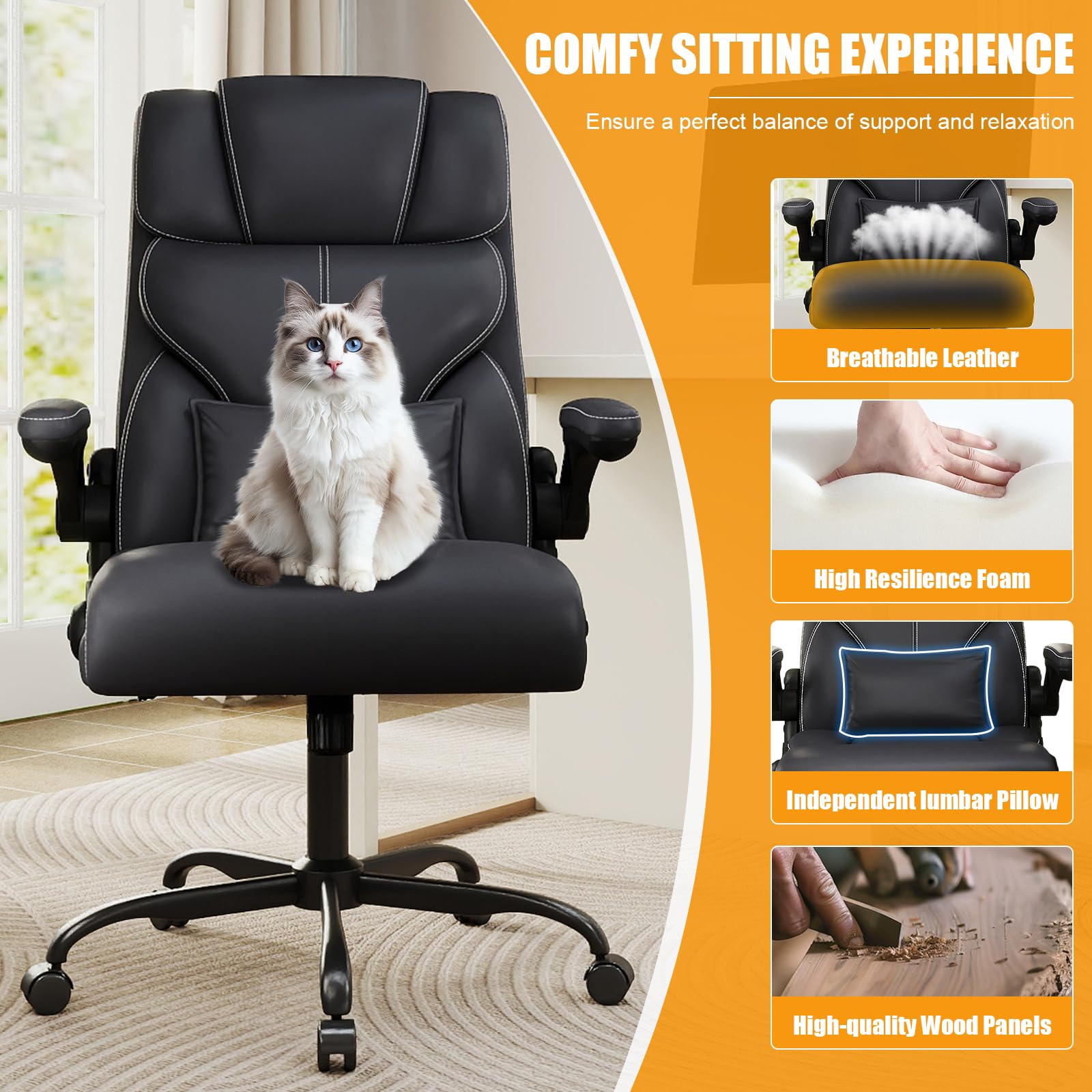 Mid-High Back Leather Office Chair with Flip-Up Armrests