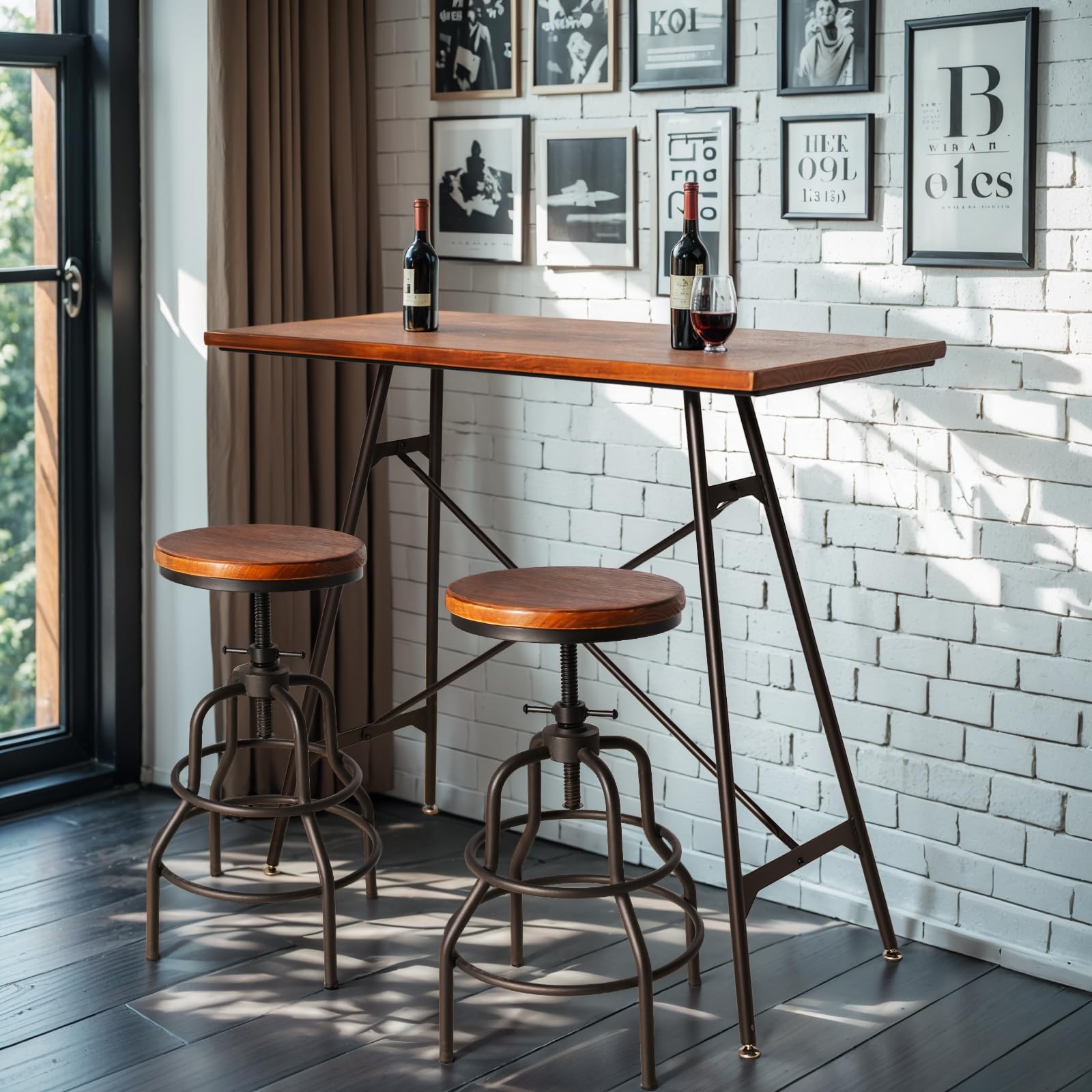 LOKKHAN Modern Industrial High Top Bar Table & Chairs Set with 2 Adjustable Swivel Stools - Black Metal Base & Brown Wood Top - Space-Saving Compact Home Pub Furniture, 45.3" L x 41.34" H