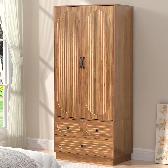 Fluted Wardrobe Armoire with 3 Drawers