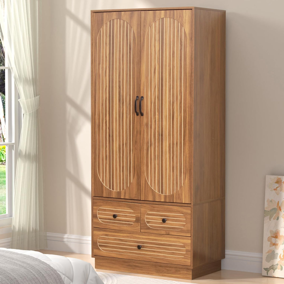 Jluomei Armoire Wardrobe Closet with Doors, Wardrobe Cabinet with 3 Drawers, Wooden Large Clothing Storage Cabinet with Hanging Rod and Shelf, Mid-Century Modern Tall Closet for Bedroom, Walnut