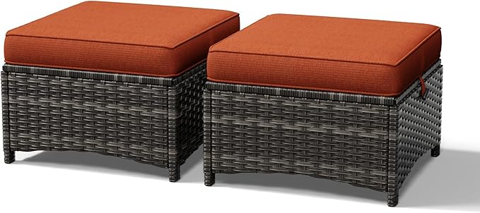 Outdoor Wicker Ottoman Set of 2 with Cushions