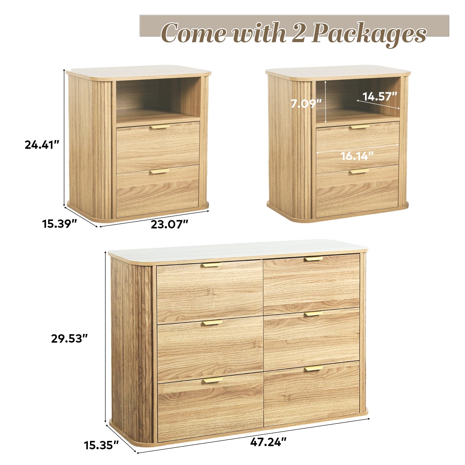 3-Piece Fluted Bedroom Set – 6-Drawer Dresser & 2 Nightstands