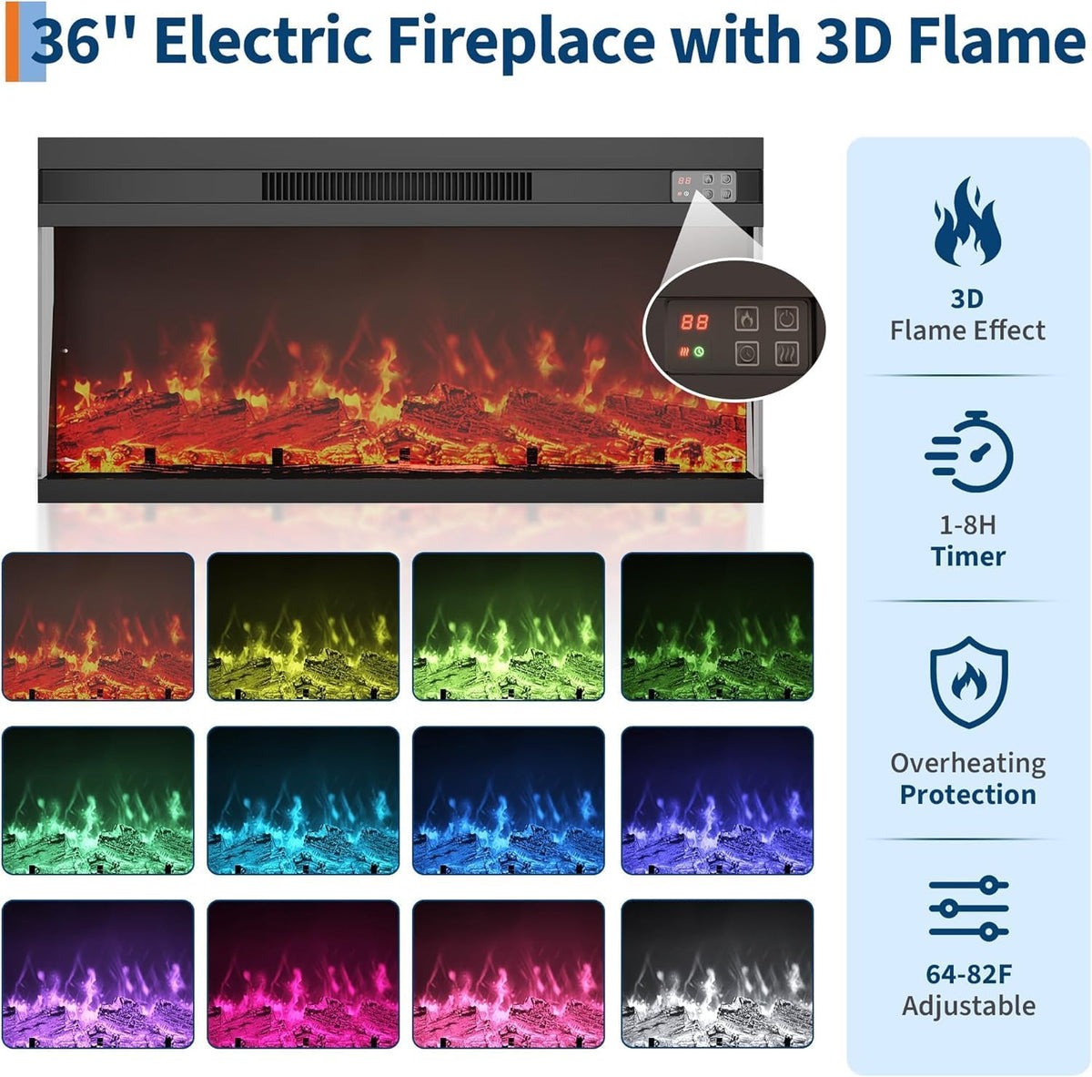 Hipicute 36 Inch Electric Fireplace Fits Up to 68 in TV, 4-Color Flame