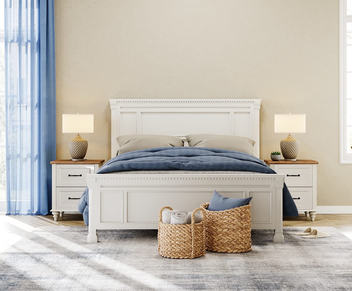 WAMPAT Side Tables Set of 2 Nightstands, Mid-Century End Table for Bedroom, Wooden Bedside Table with 2 Large Drawers, Solid Wood Leg Night Stand for Bedroom & Living Room, Off White