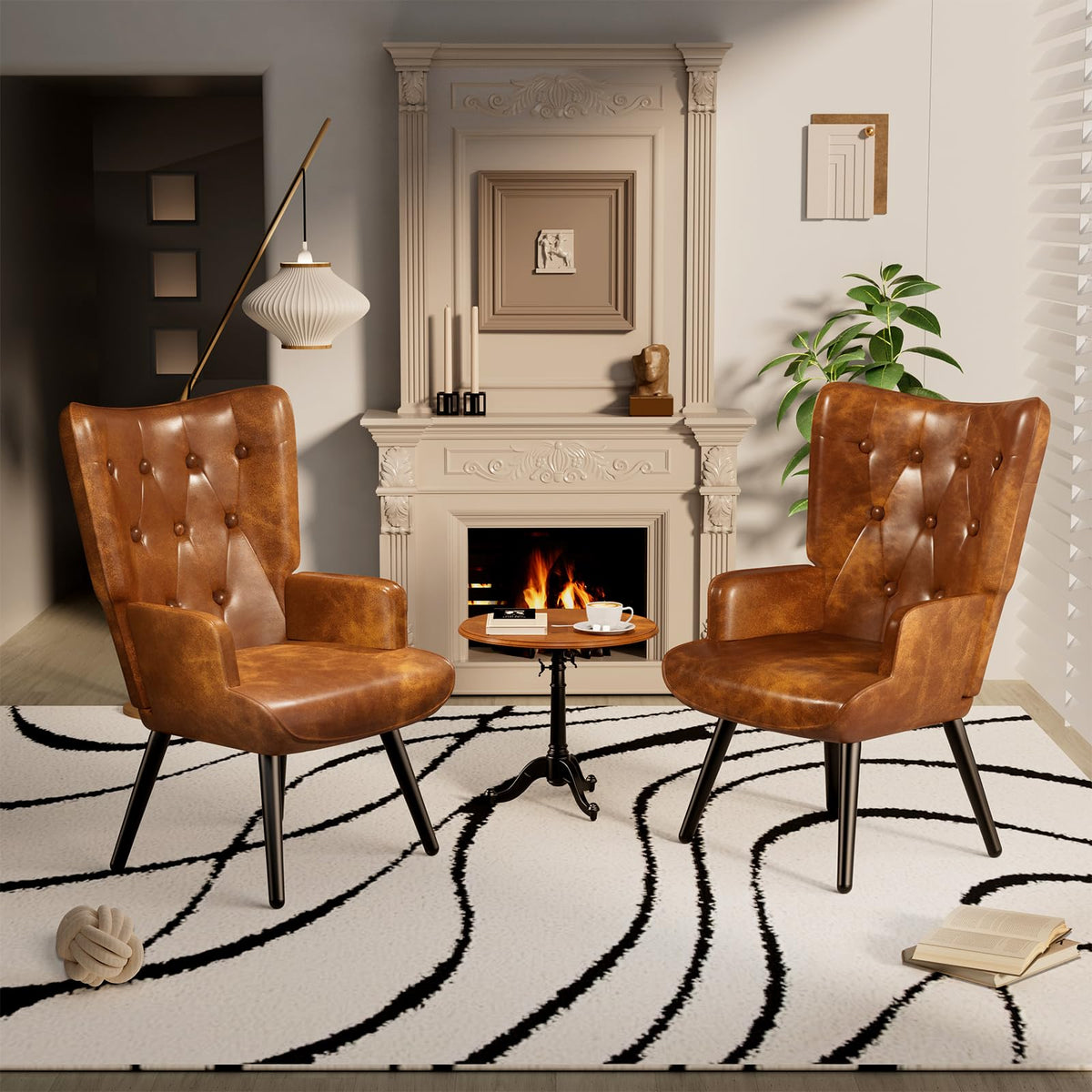Brown PU Leather Accent Chairs, Set of 2