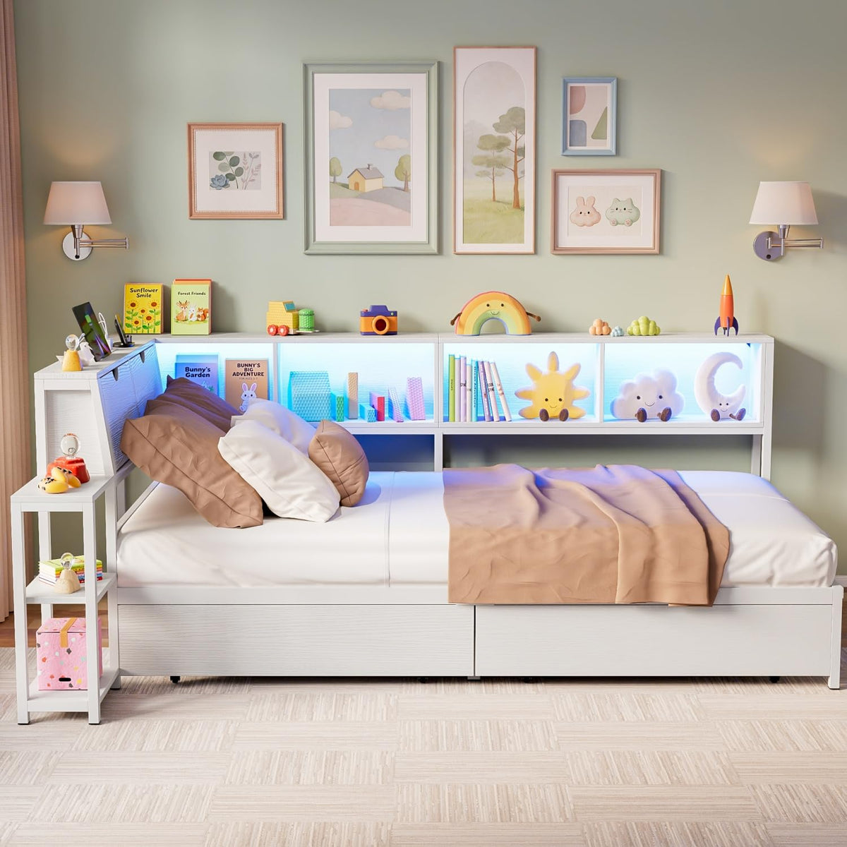Buytime Twin Corner Bed Frame, L-Shaped Daybed, White
