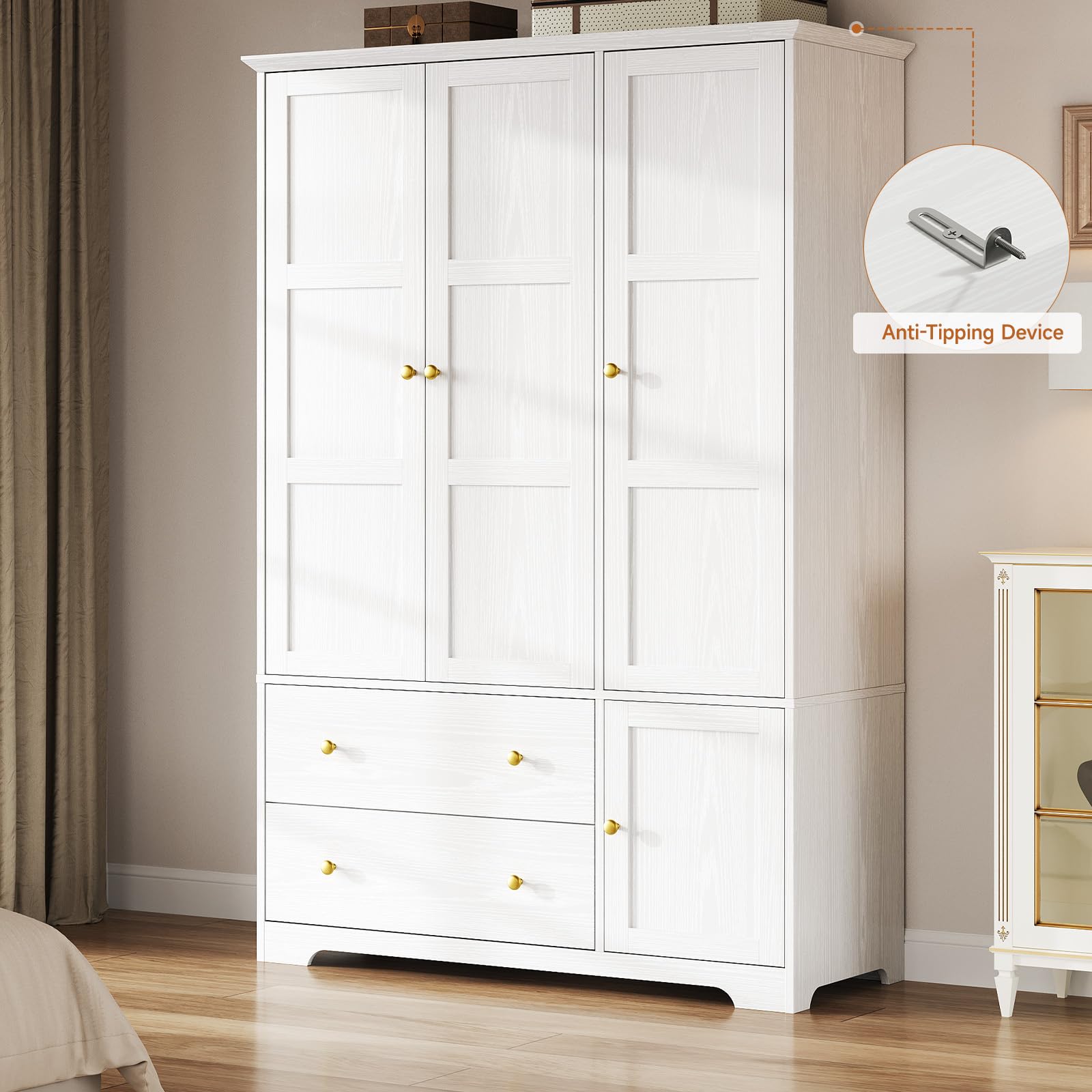 ONBRILL 3 Doors Wooden Wardrobe Closet Armoire with Pull Out Pants Rack, Bedroom Large Capacity Armoire with Drawers and Shelves, Storage Cabinet for Hanging Clothes, White