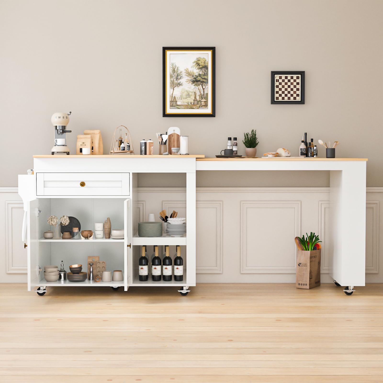 CayugaCrekrd 81.5" Kitchen Island with Extendable Dining Table, Rolling Kitchen Cart on Wheels with Spice Rack, Drawer and Door Cabinet for Dining Room, White