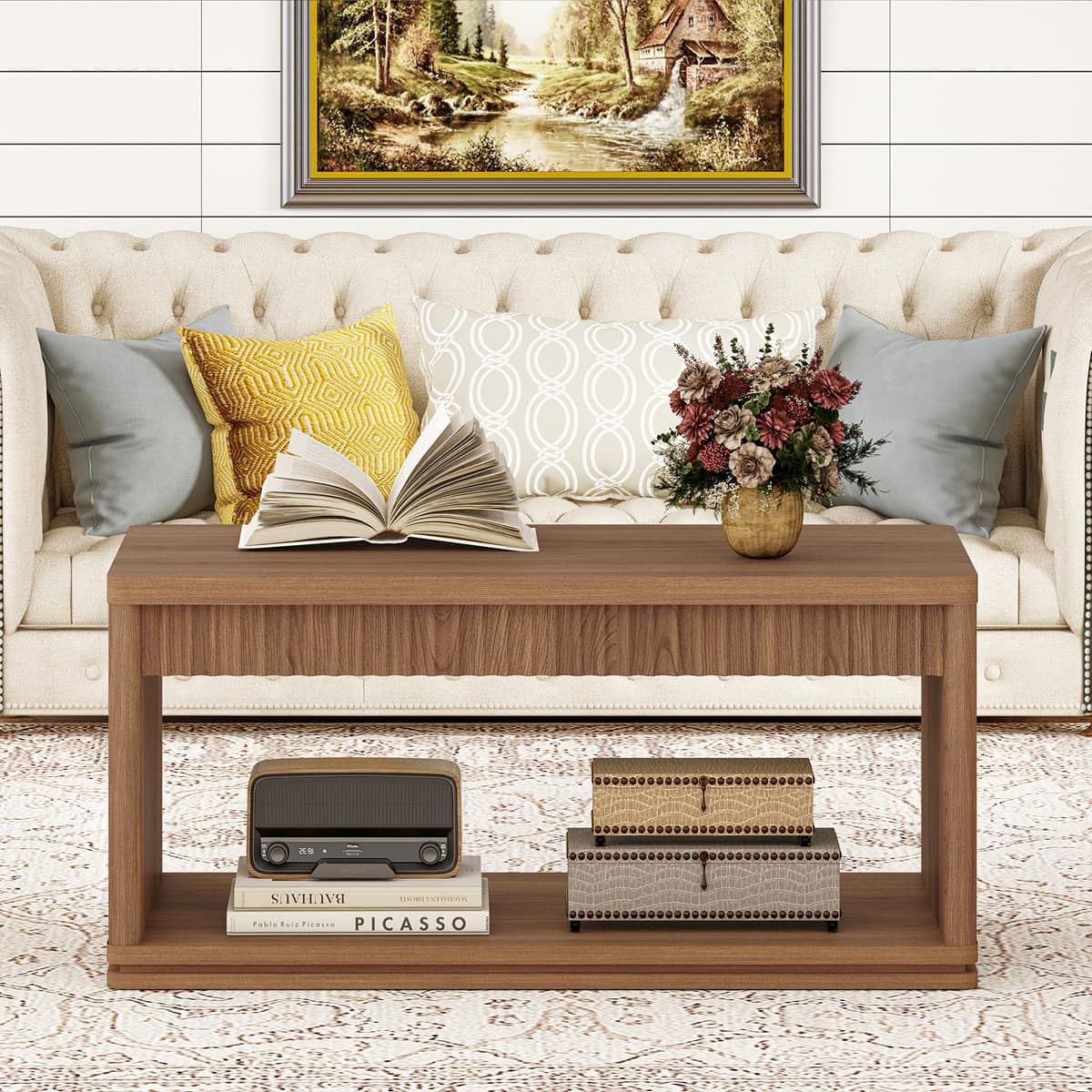 FATORRI Coffee Table with Storage Shelf, 2-Tier Wood Coffee Tables, Farmhouse Rectangular Living Room Center Table with Fluted Panel (Walnut)