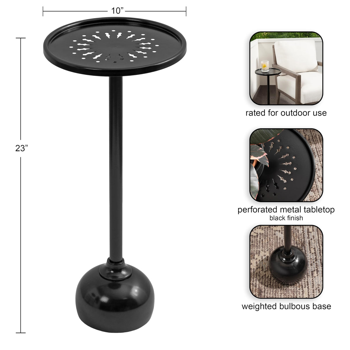 Kate and Laurel Miki Modern Pedestal Drink Table; 10 x 10 x 23; Black; Decorative Accent Patio Table for Use as Plant Stand Indoors or Outdoors or as a Living Room Martini Table