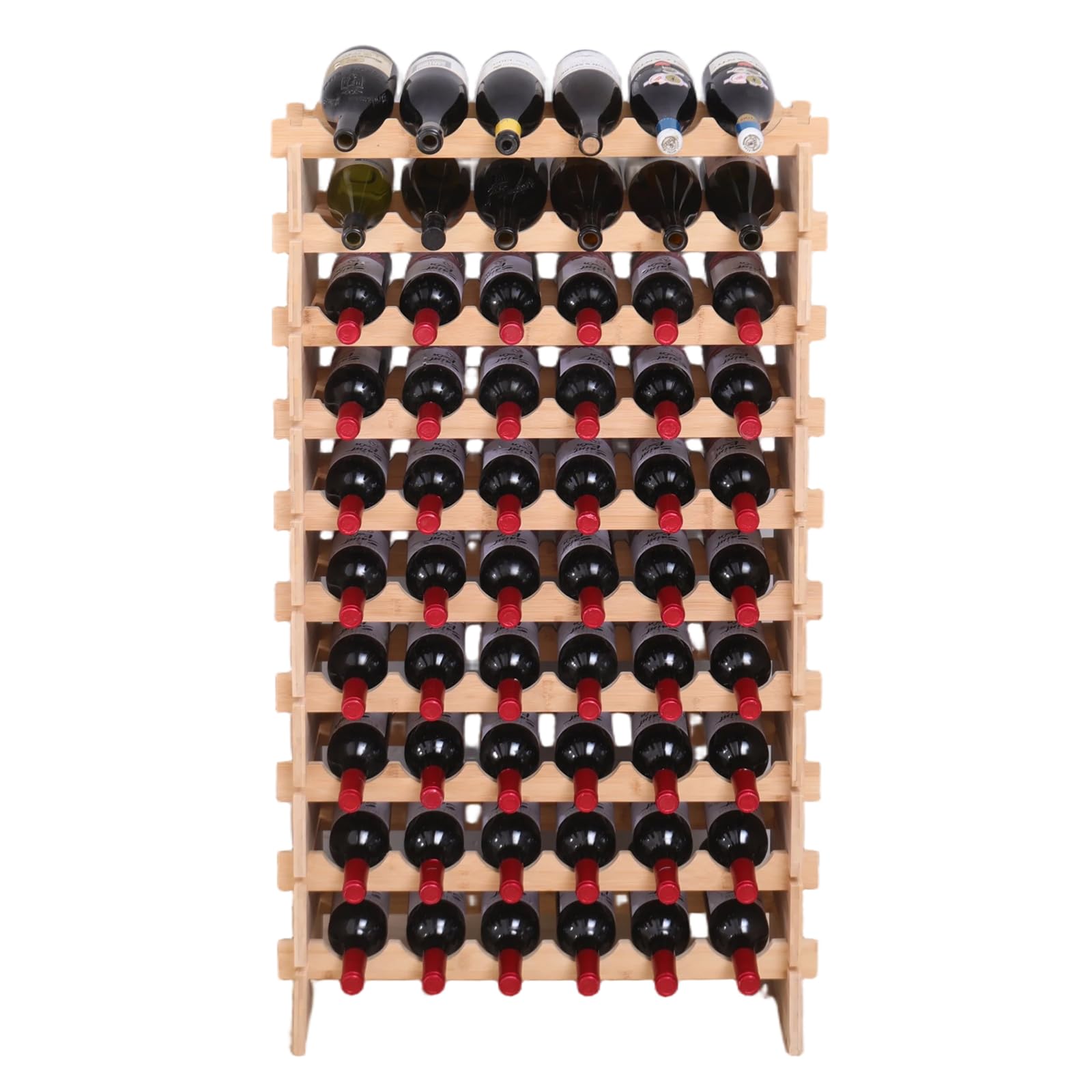 fcxagy 60 Bottles Bamboo Stackable Modular Bamboo Wine Rack, 10-Tier Wooden Wine Storage Rack Freestanding Wine Holder Display Shelves，Wine Rack freestanding Floor